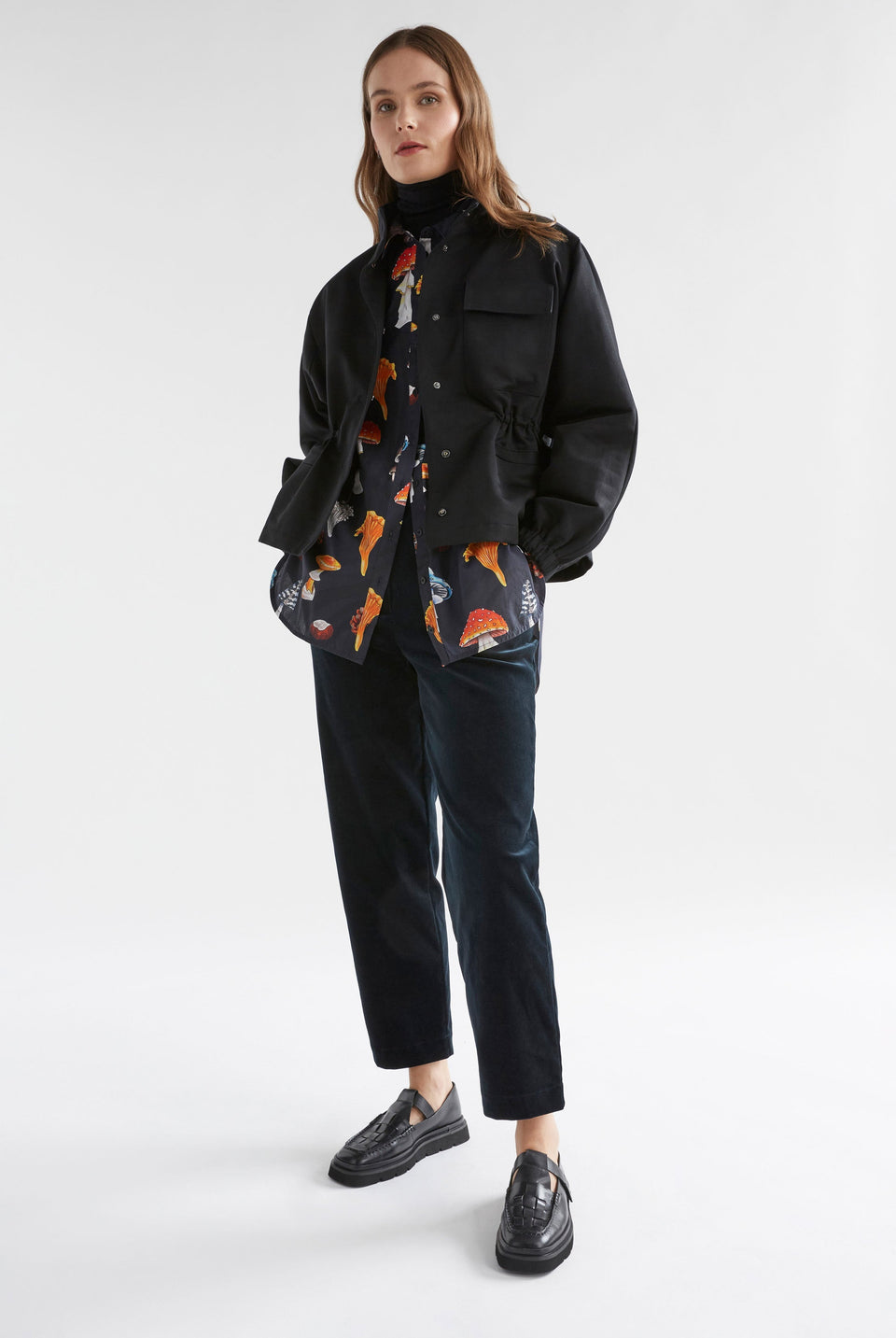 Allem Organic Cotton Mushroom Print Long Sleeve Shirt Model front with Jacket | MUSHROOM PRINT