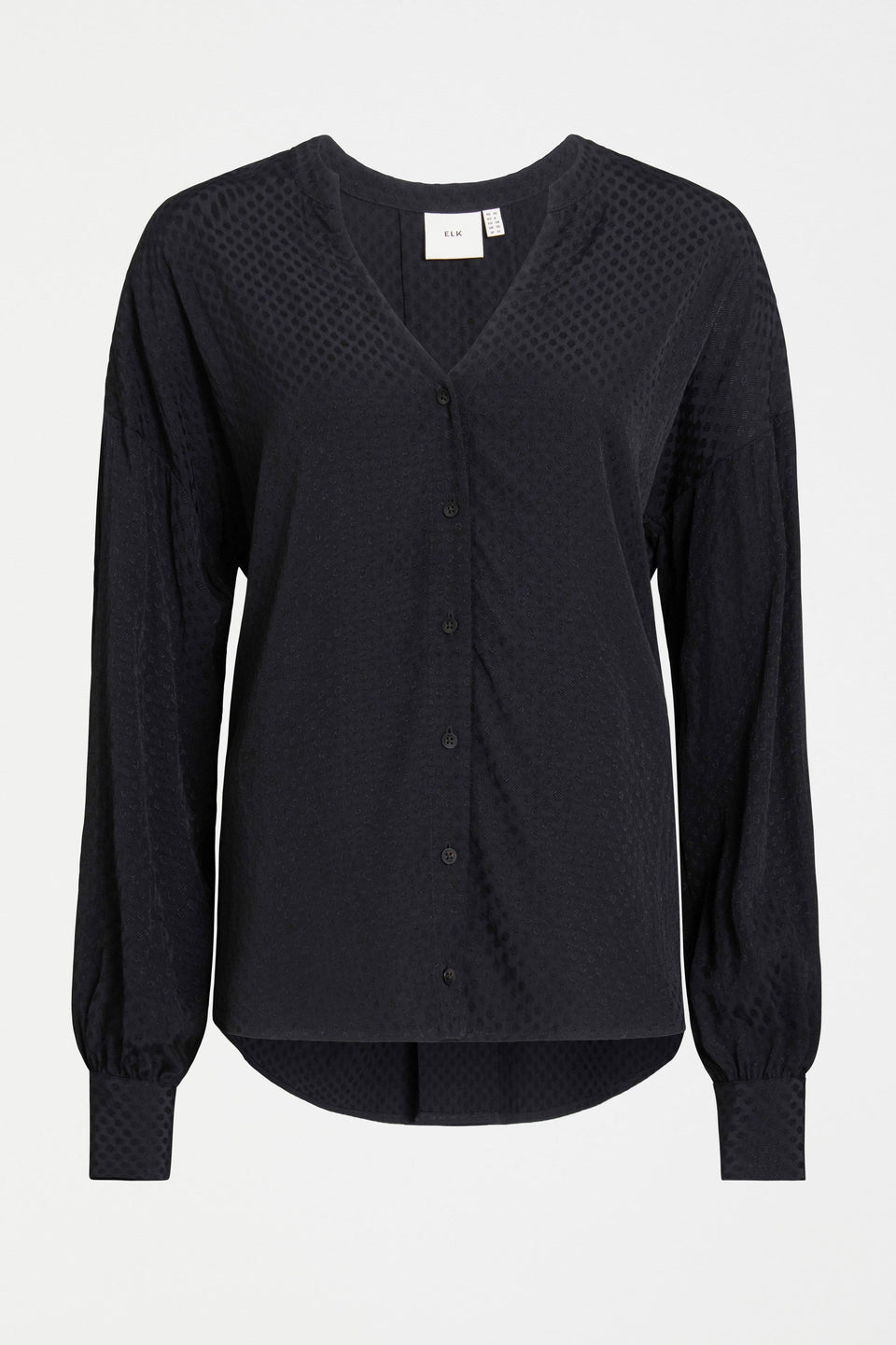 Oben Textured Spot Button Down Blouson Sleeve Collarless Shirt Front | BLACK