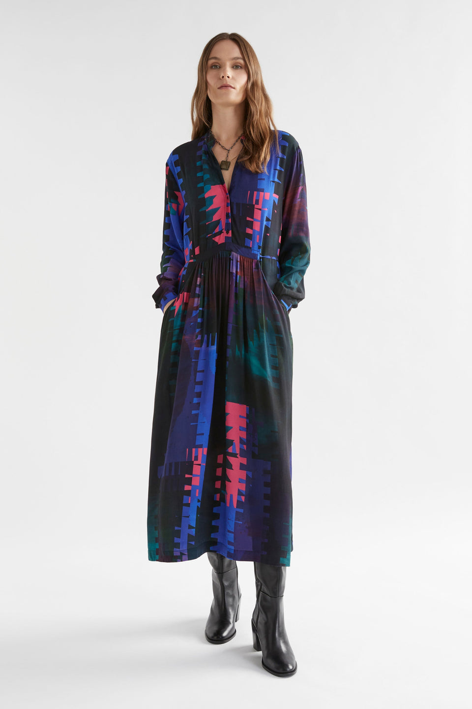 Terrase Print Waisted Midi Shirt Dress Model Front | LOOM PRINT
