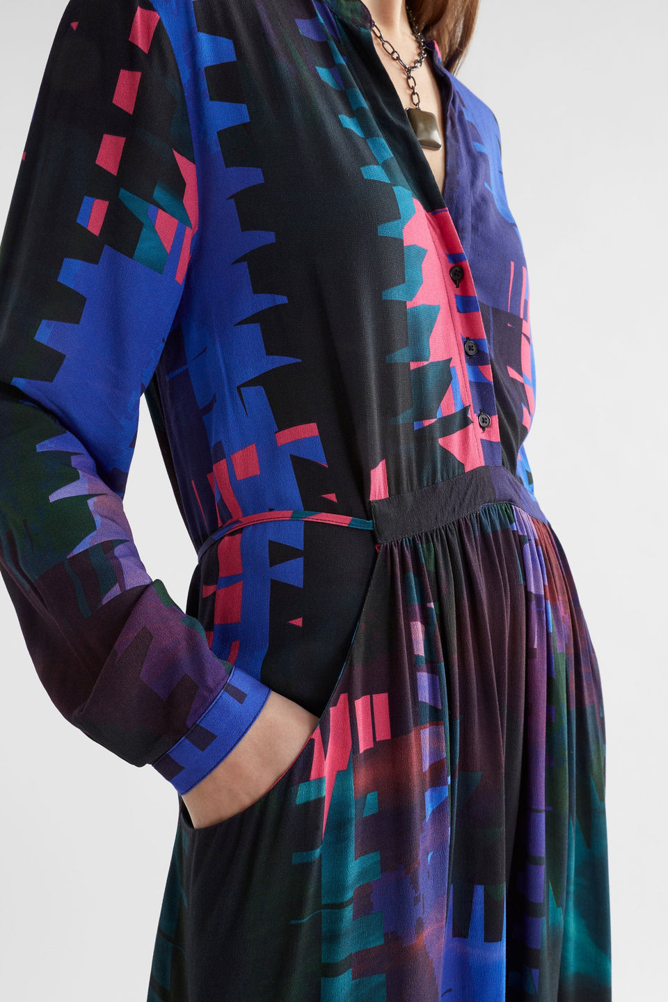 Terrase Print Waisted Midi Shirt Dress Model Front Detail | LOOM PRINT