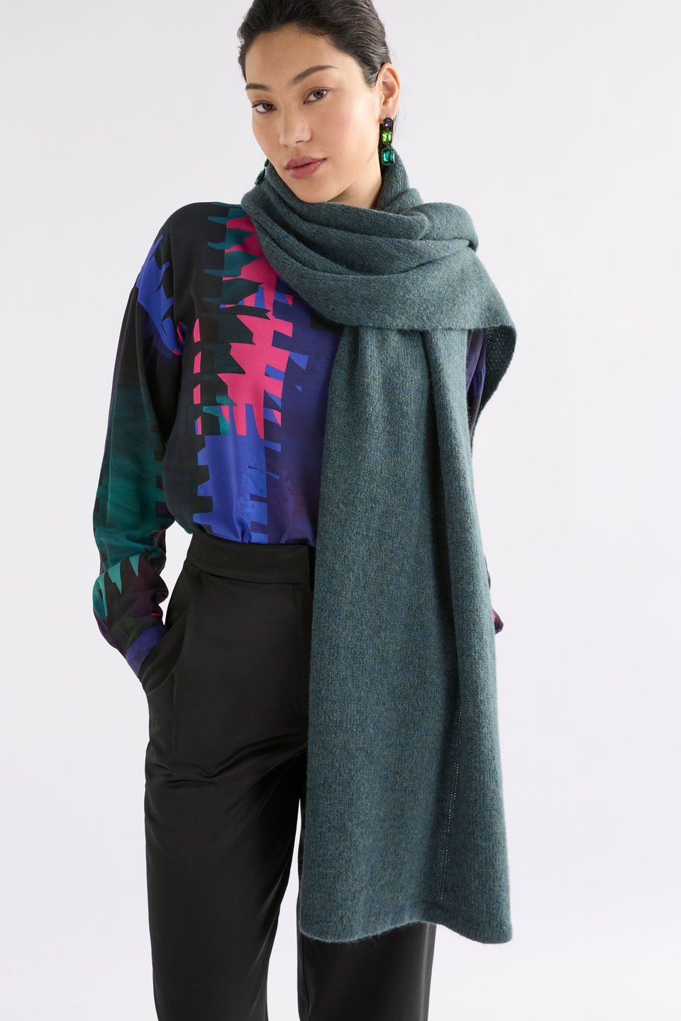 Terrase Round Neck Print Long Sleeve Print Top Model Front with Agna Scarf | LOOM PRINT