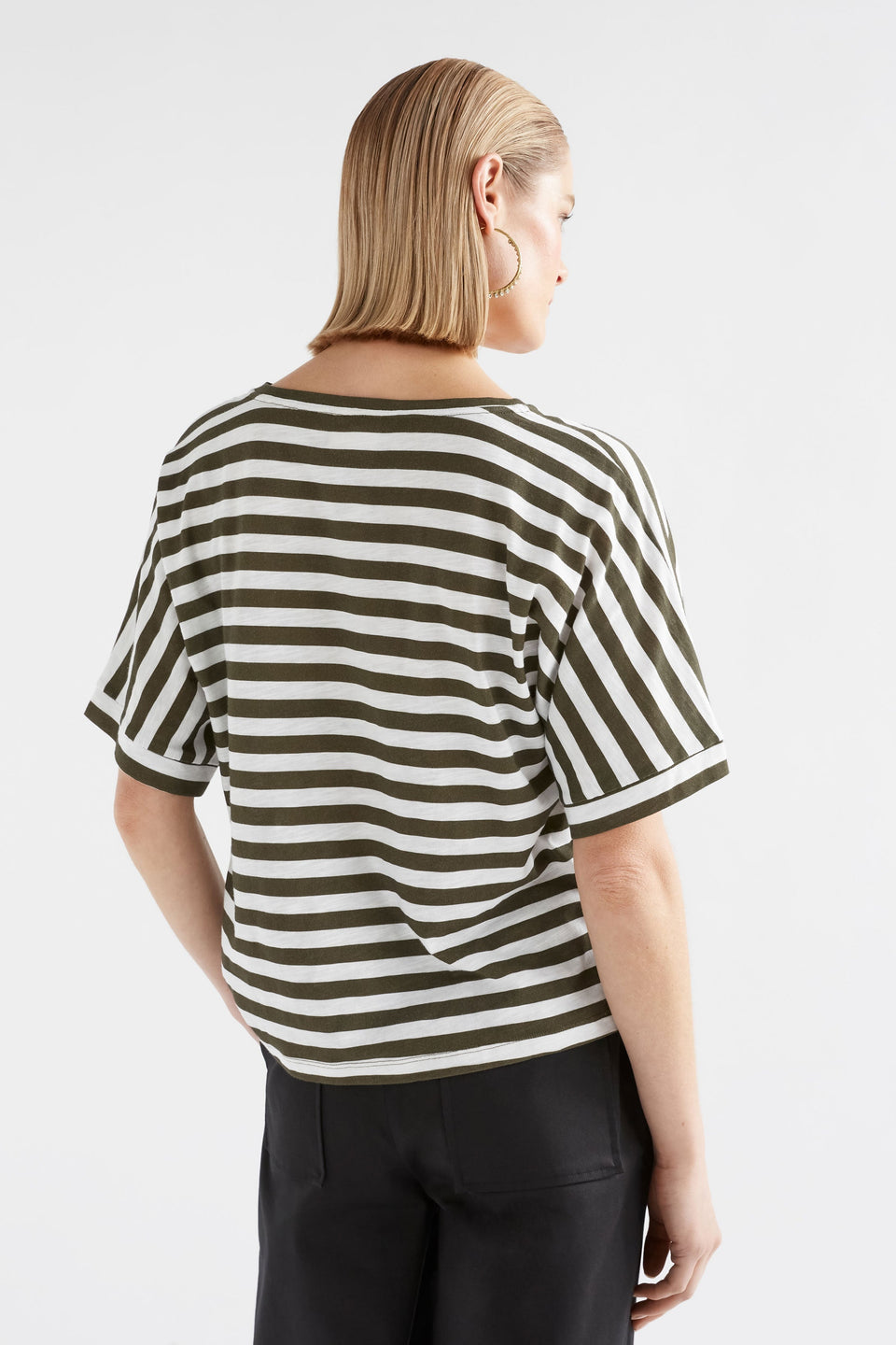 Seter Organic Cotton V-Neck Striped Jersey Tee Model Back | WHITE OLIVE