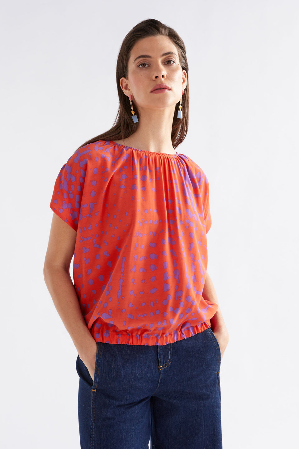 Filma Cap Sleeve Print Short Sleeve Top Model Front | RED AERO PRINT