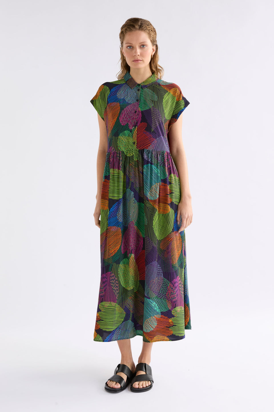 Joia Gathered Waist Cap Sleeve Print Shirt Dress Model Front | OMBRA PRINT