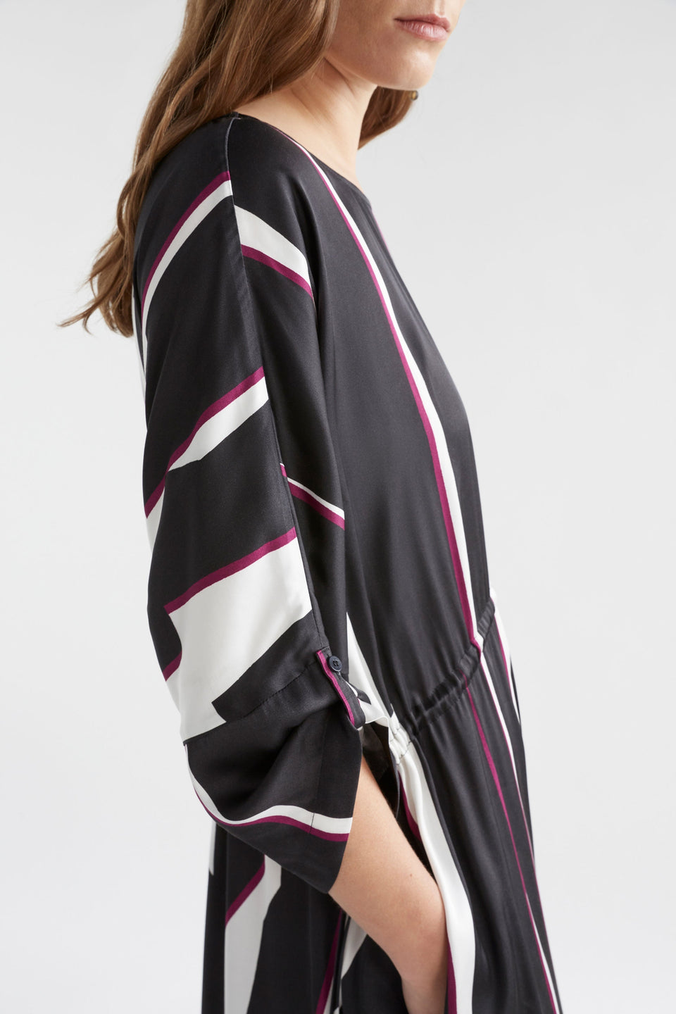 Devon print Bat Wing Midi Dress with Drawstring Waist Model Side Detail | MODULAR PRINT