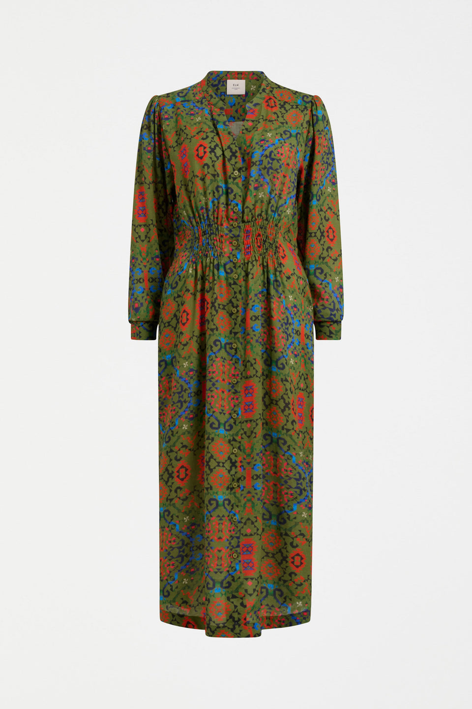 Norsk Long Sleeve Shirred Waist V-Neck Print Midi Dress Front | RENDA PRINT