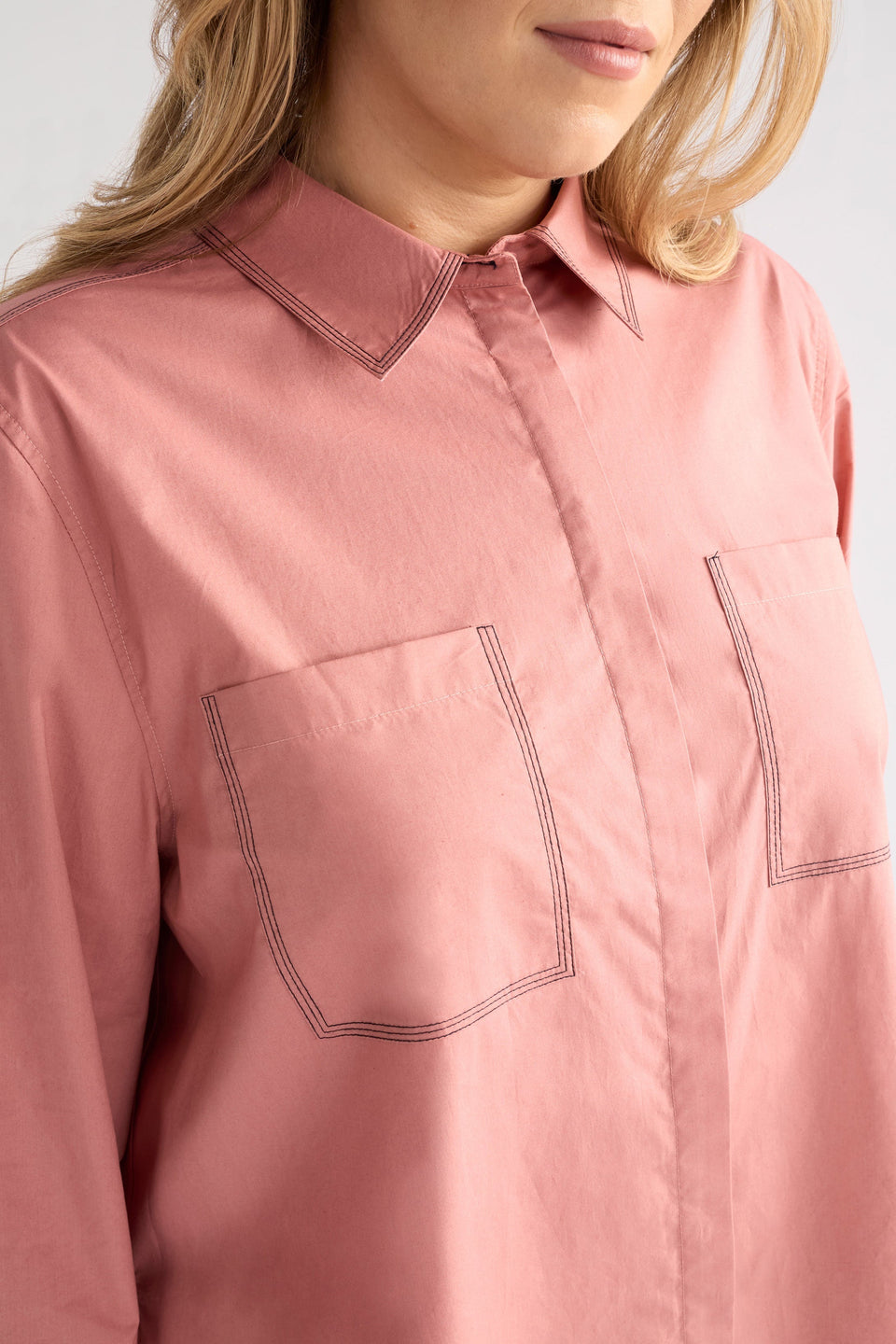 Salli Shirt on Model Close Up Detail | CLAY PINK