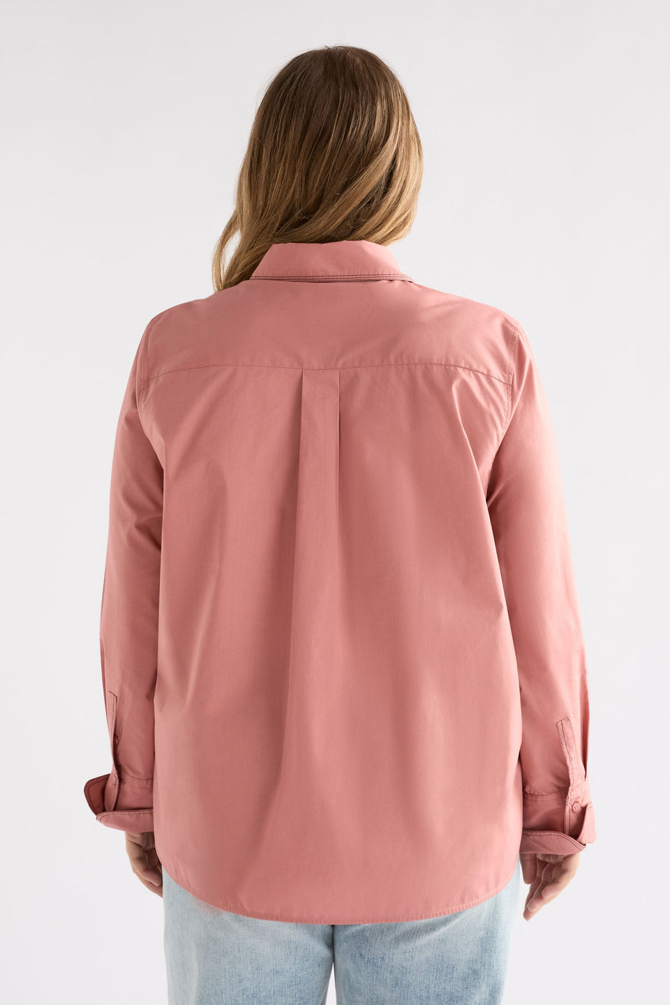 Salli Shirt on Model Back View with Denim rolled cuff | CLAY PINK