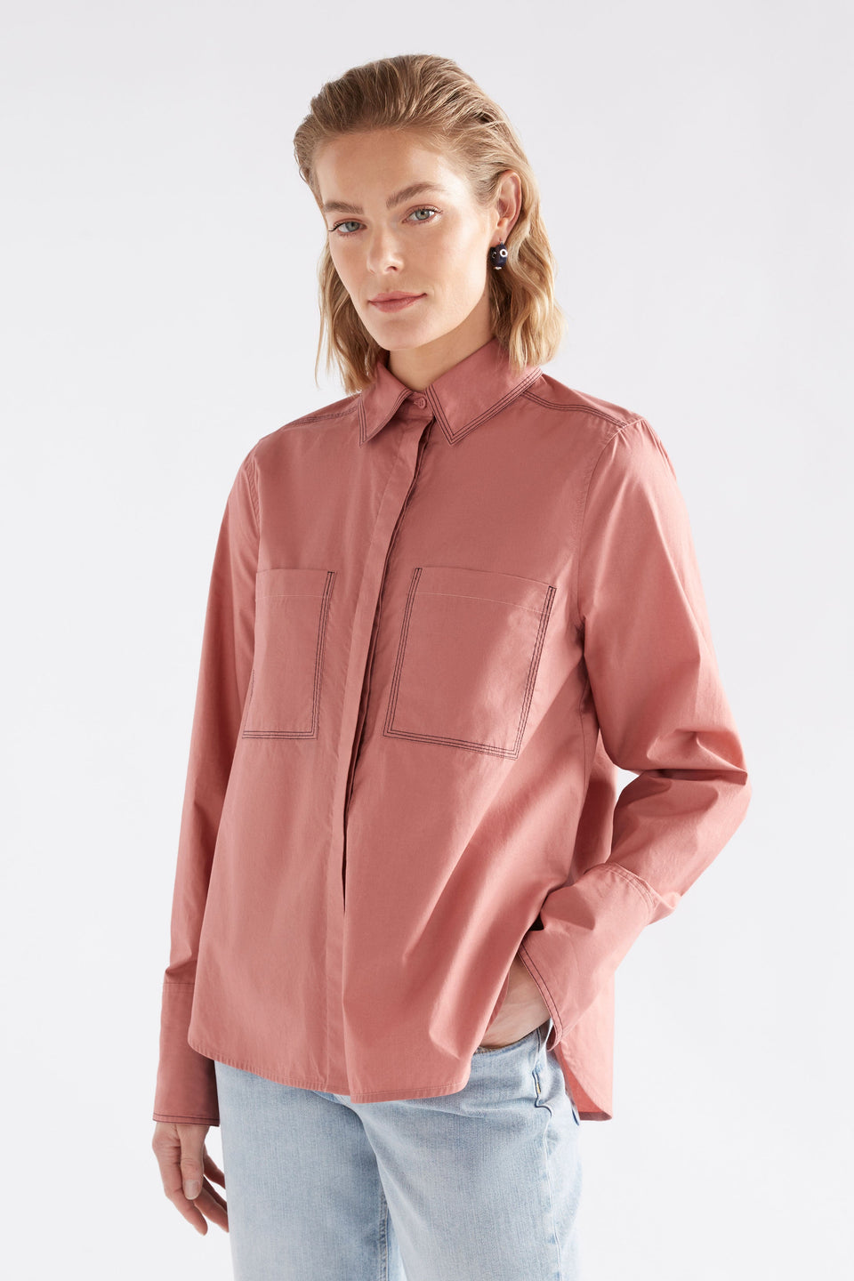 Salli Shirt on Model Close Up | CLAY PINK