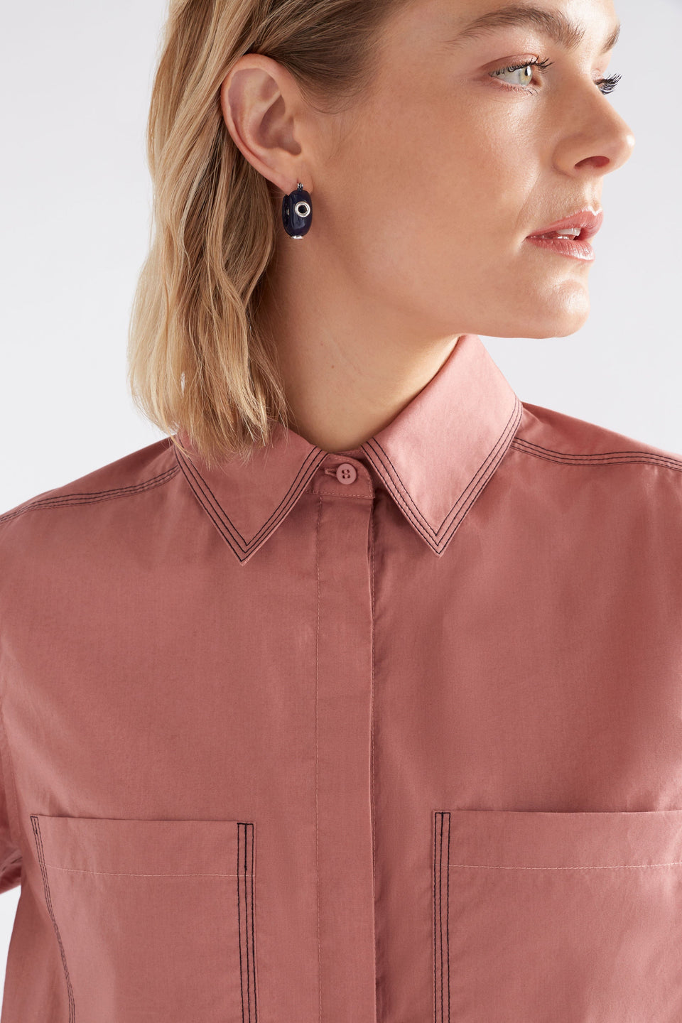 Salli Shirt on Model Close Up with Earring | CLAY PINK