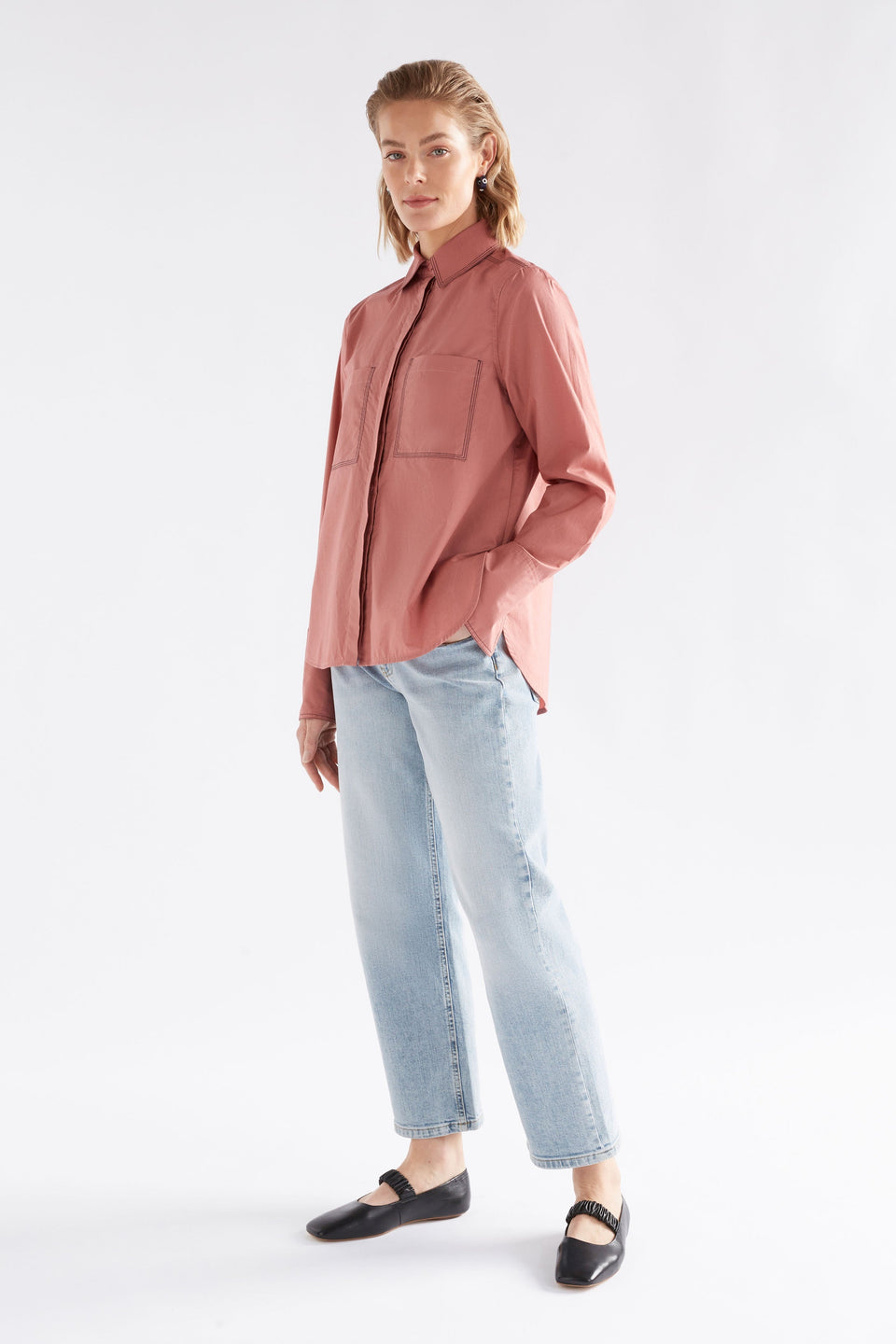 Salli Shirt on Model | CLAY PINK