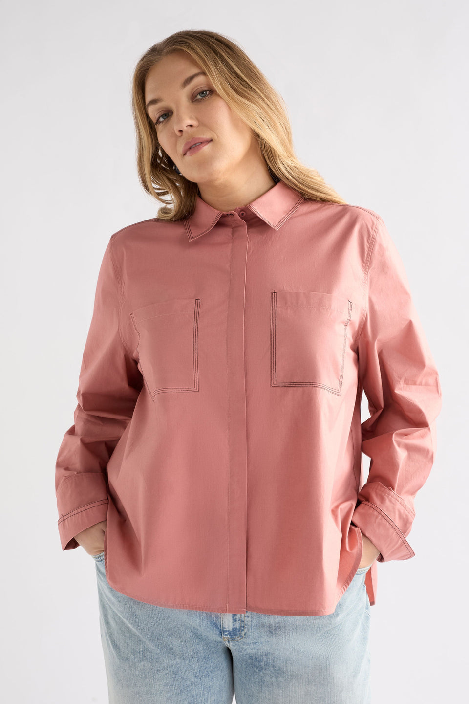 Salli Shirt on Model Styled with Denim | CLAY PINK