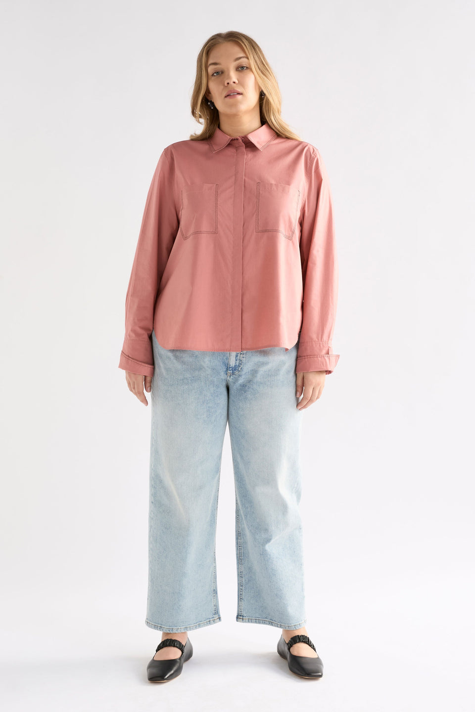 Salli Shirt on Model styled with denim full length | CLAY PINK
