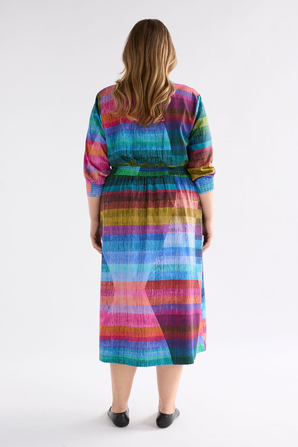 Gia 3/4 Sleeve Multi Colour Stripe Print Waisted V-Neck Midi Dress with Ruched Detail Curve Model Back| KOMI PRINT