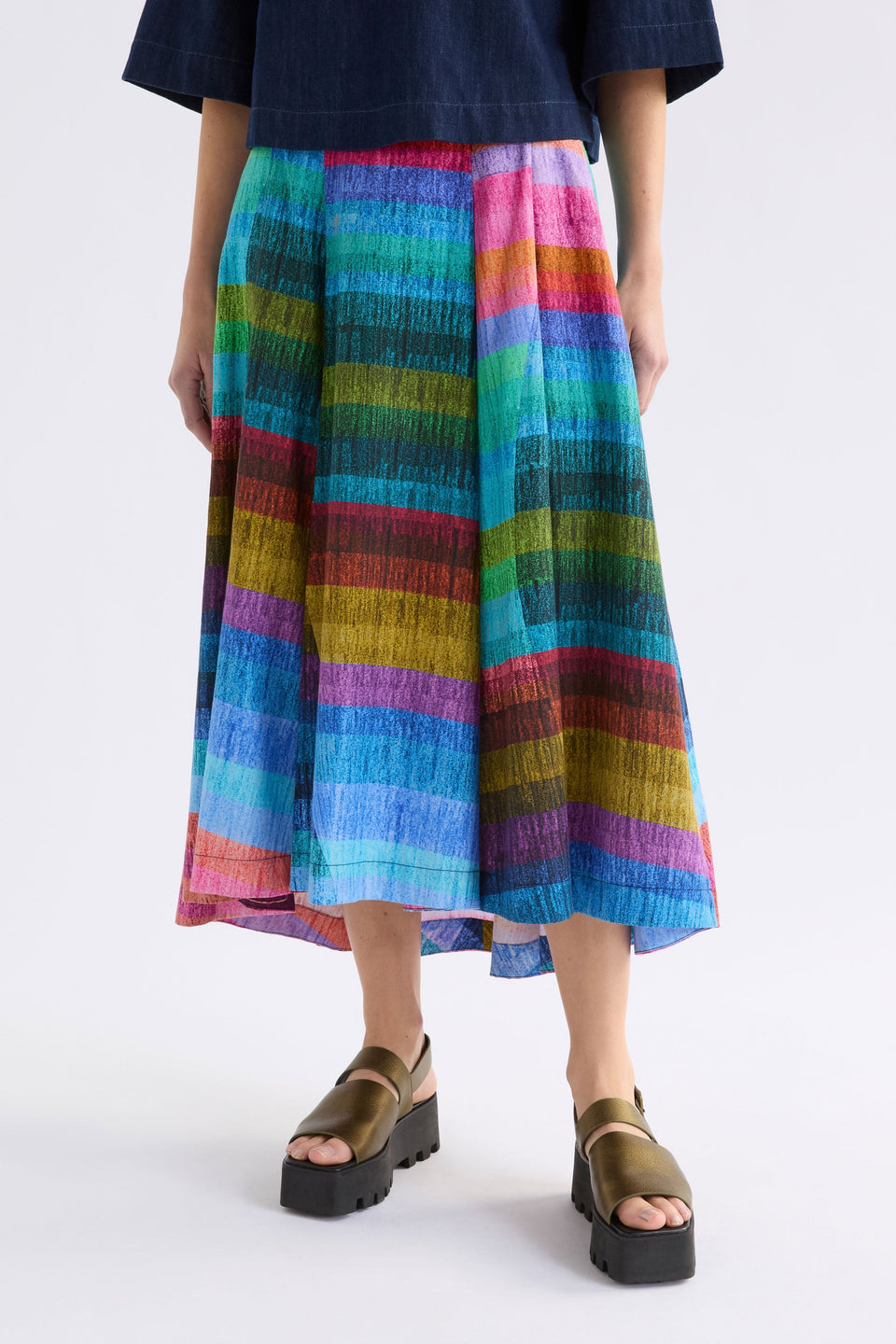 Gia Multi Colour Stripe Print A-line Midi Skirt Model Front crop | KOMI PRINT