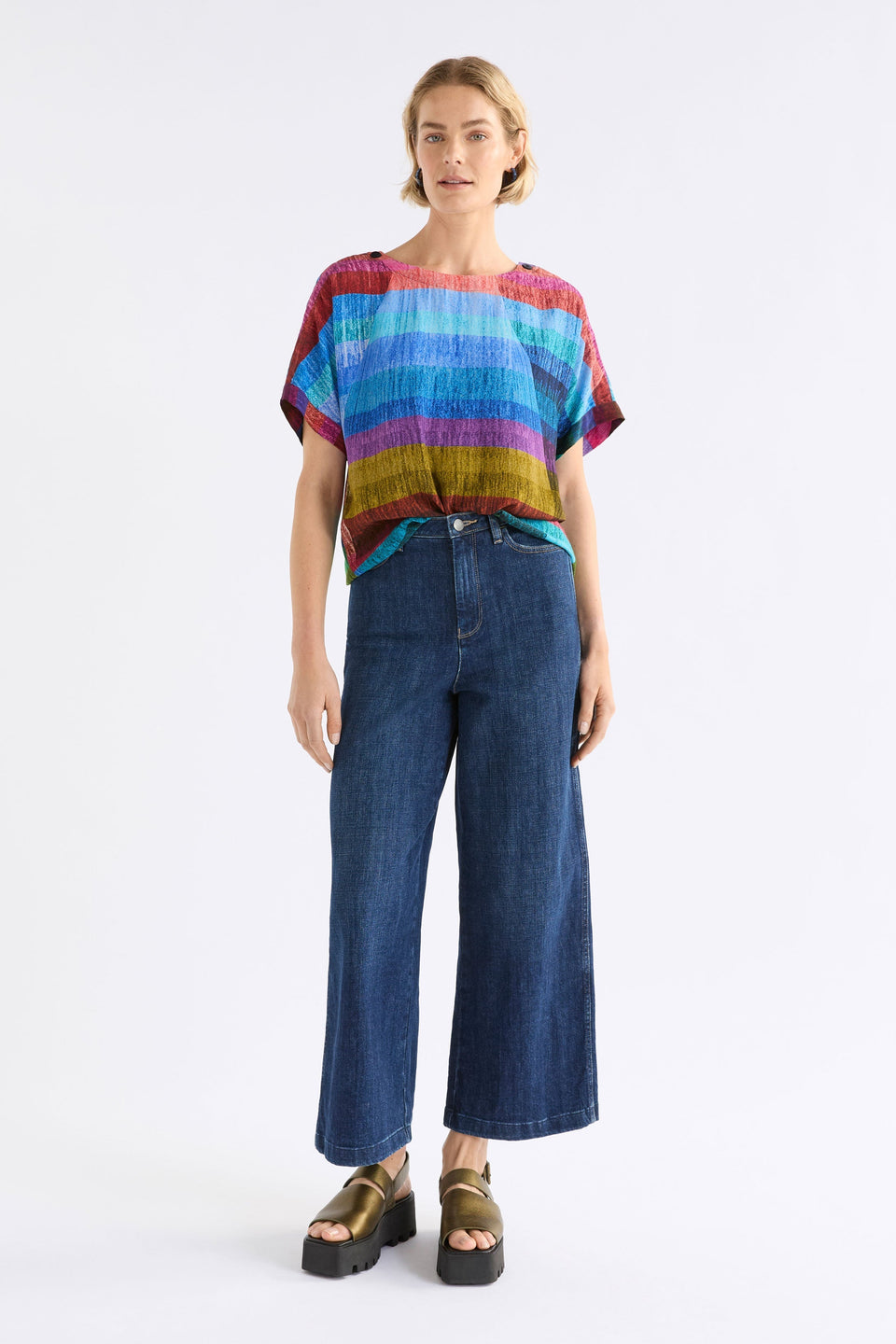 Sono Multi-coloured Stripe Print Round Neck Top with button detail Model Front Full body Tucked | KOMI PRINT