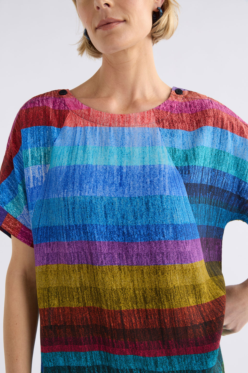 Sono Multi-coloured Stripe Print Round Neck Top with button detail Model Front Neck Detail | KOMI PRINT
