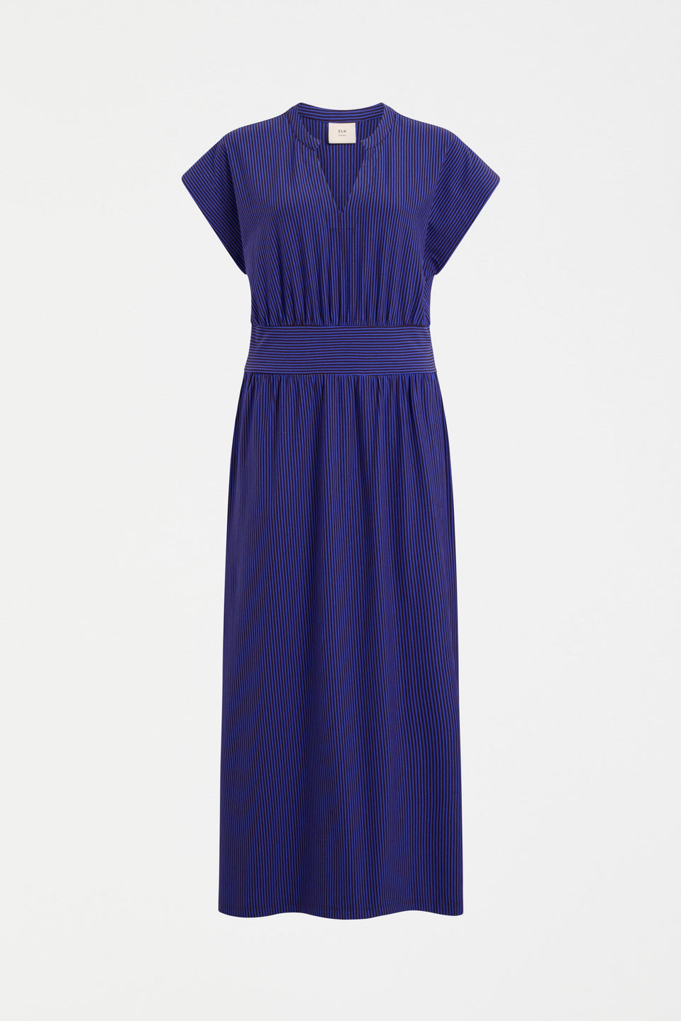 Evve V-Neck Midi Cotton Jersey Stripe Summer Waisted Dress front | CHOCOLATE COBALT