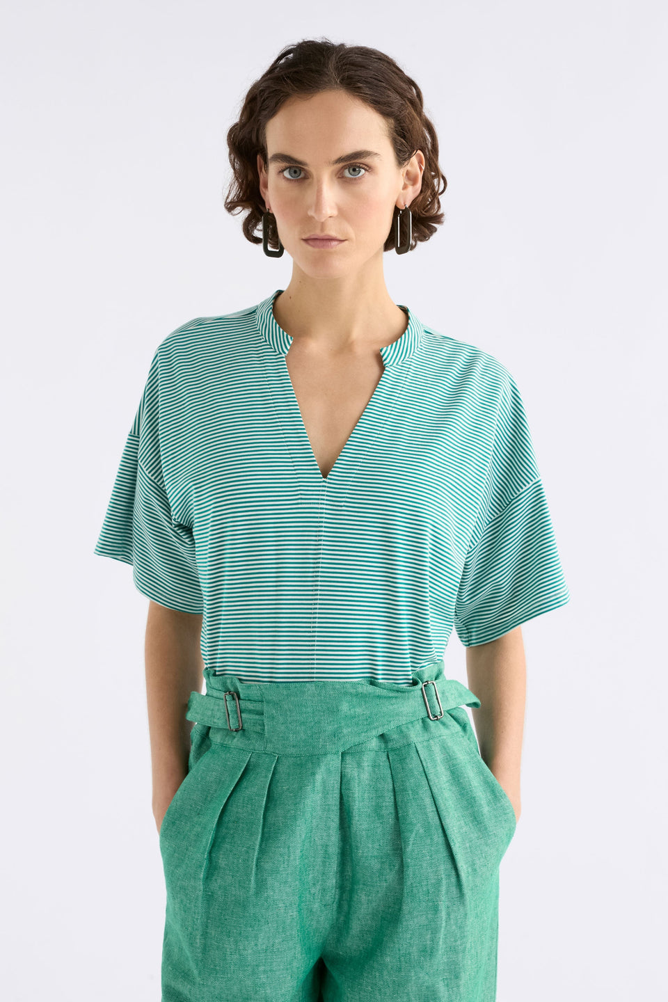 Evve V-Neck Cotton Jersey Stripe T-Shirt Model front | BRIGHT TEAL WHITE