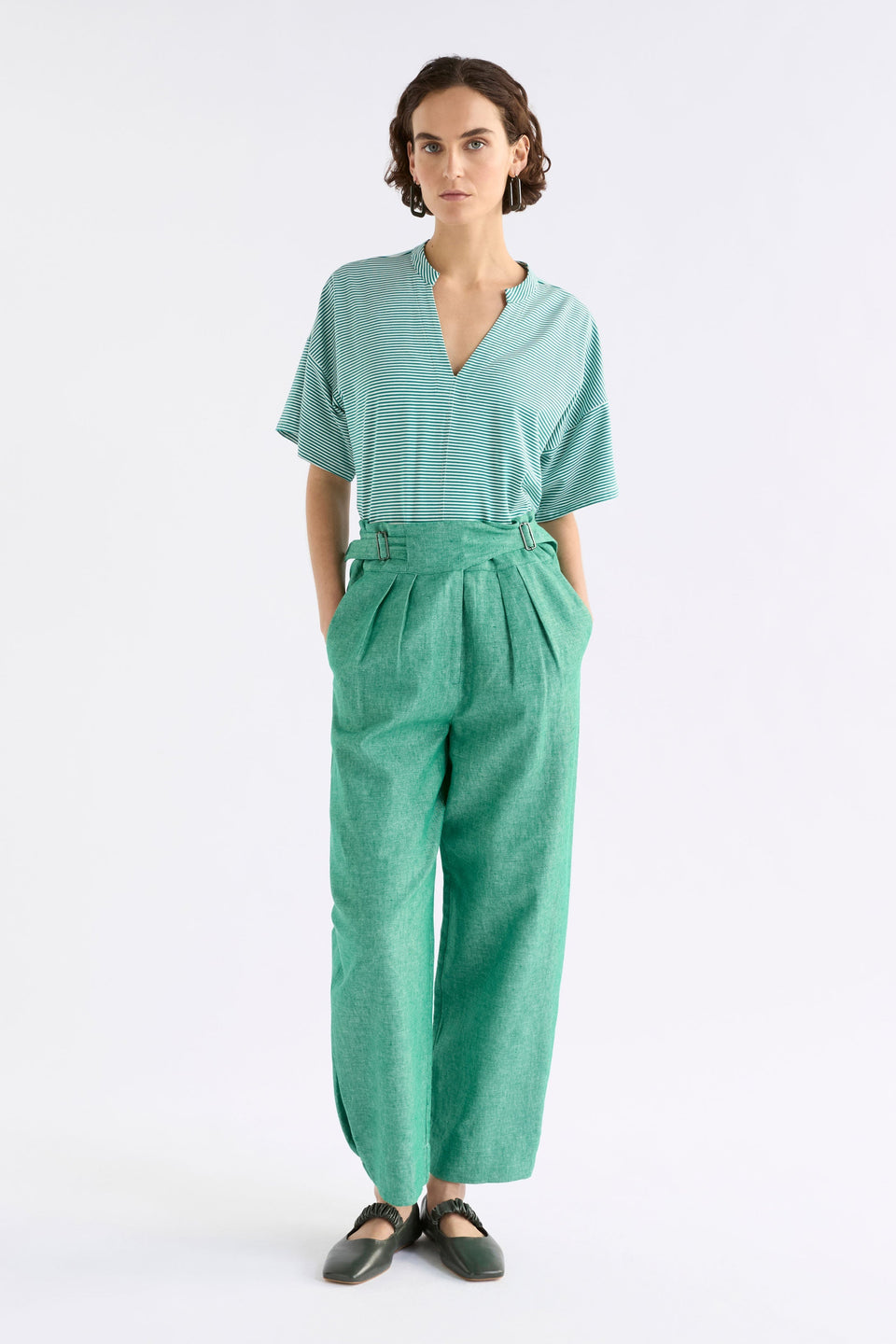 Evve V-Neck Cotton Jersey Stripe T-Shirt Model front Full Body | BRIGHT TEAL WHITE