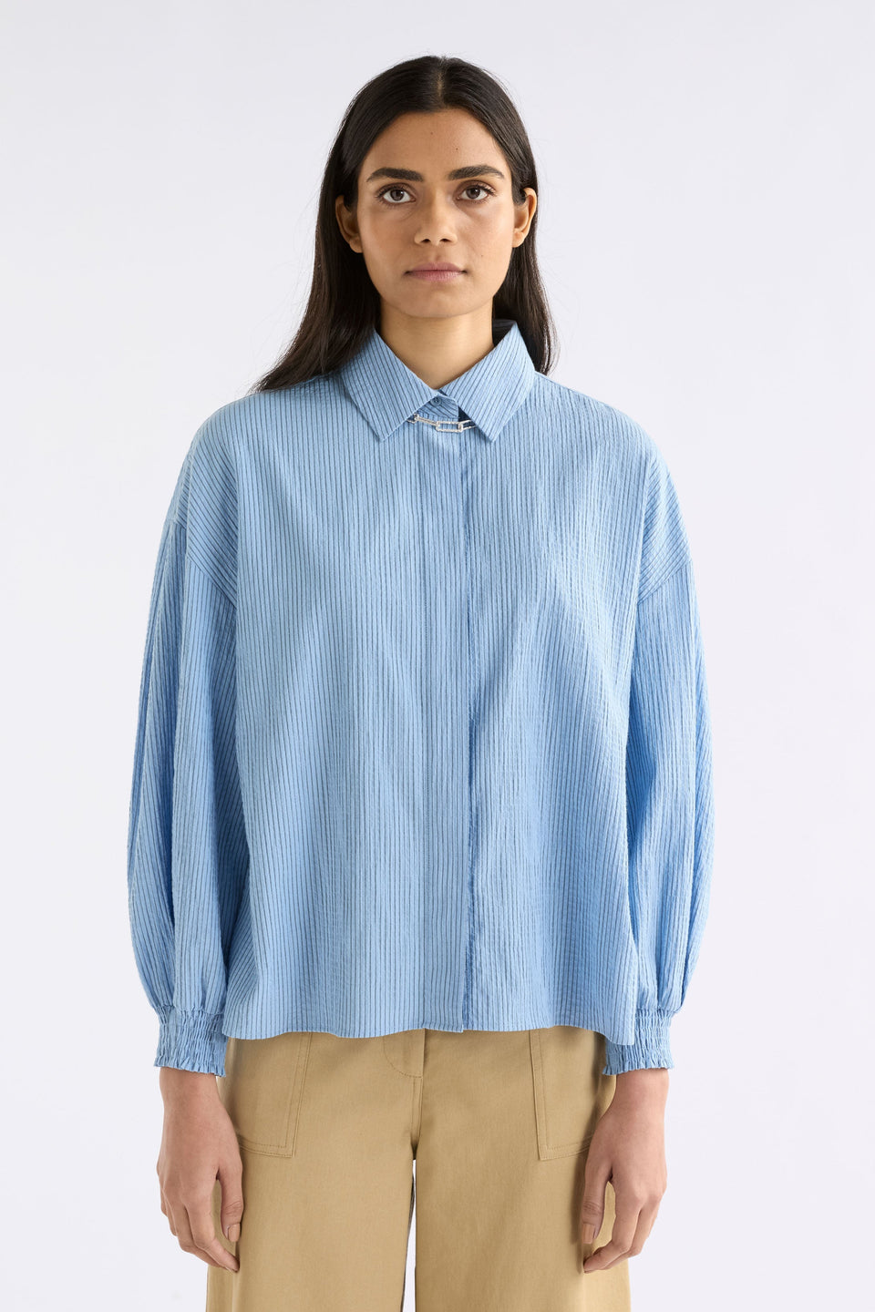Erden Shirt on Model Front Facing Close Up | CHAMBRAY
