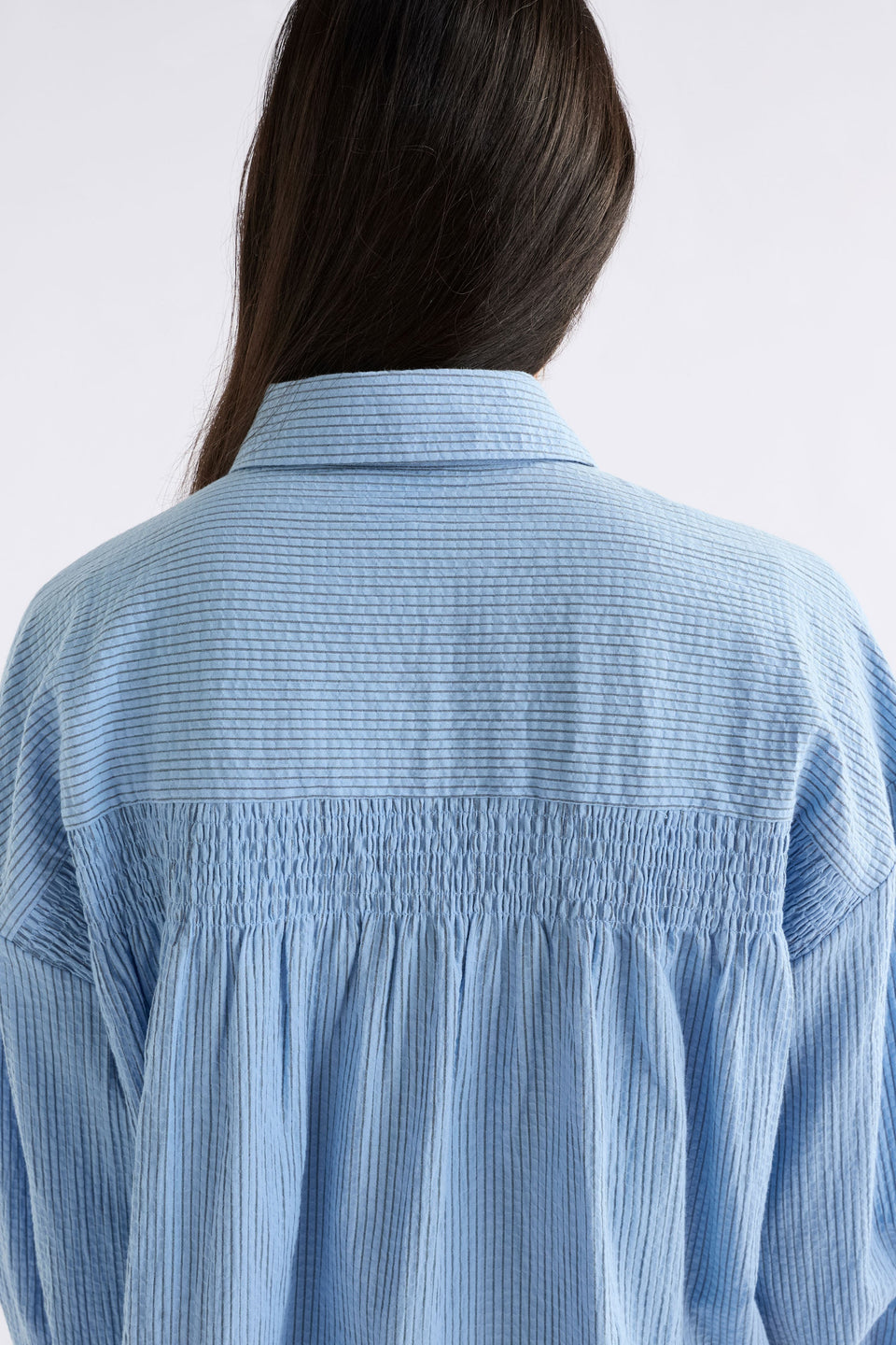 Erden Shirt on Model Close Up Shirring | CHAMBRAY
