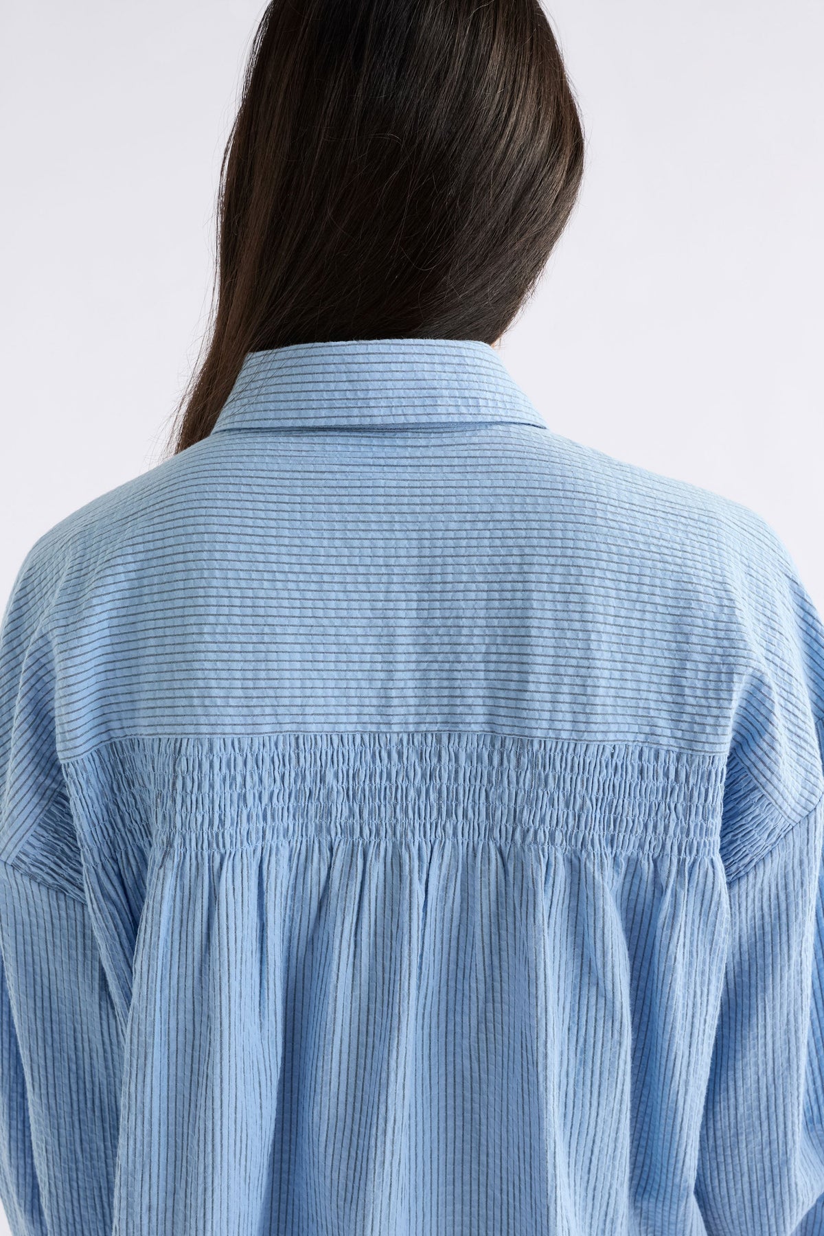 Erden Shirt on Model Close Up Shirring | CHAMBRAY
