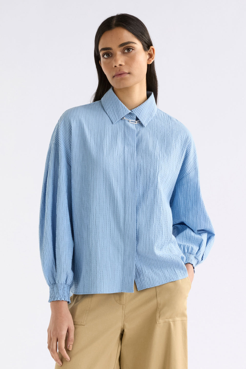 Erden Shirt on Model Front Facing Close Up 2 | CHAMBRAY