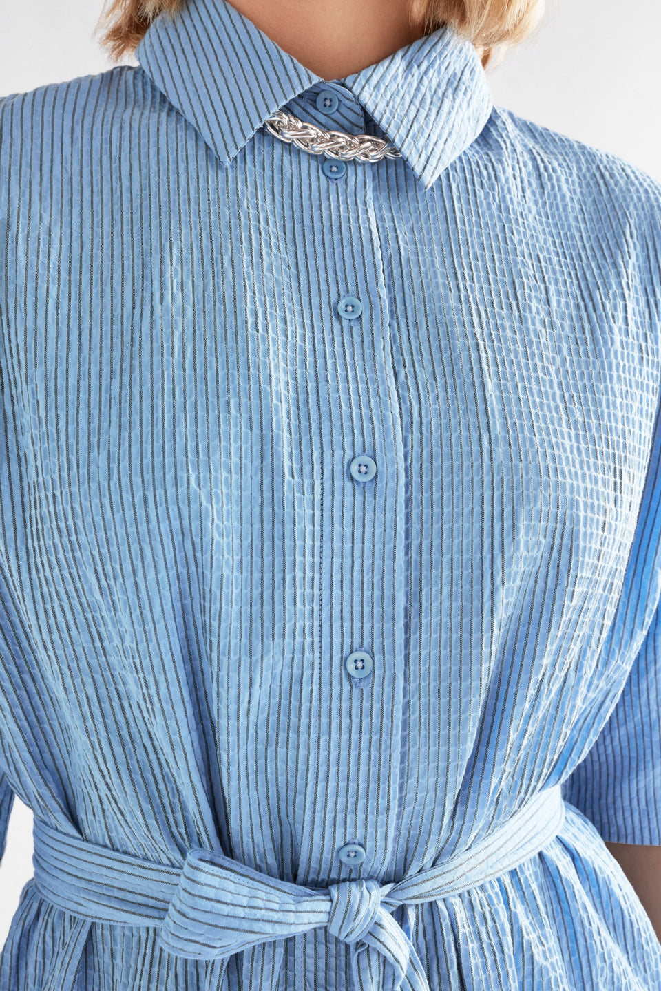 Erden Shirt Dress on Model Close Up of detail | CHAMBRAY