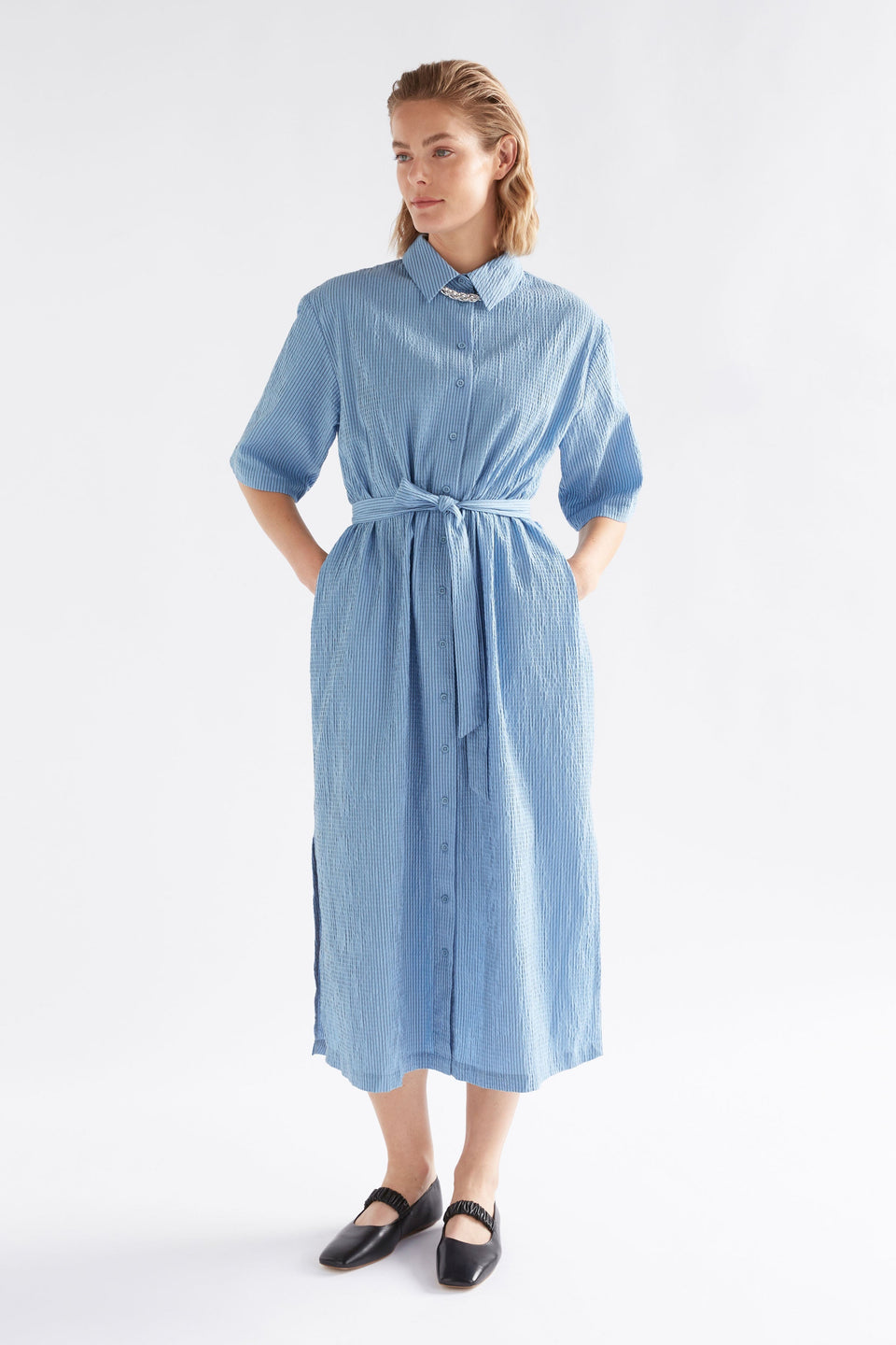 Erden Shirt Dress on Model Full Length Front View | CHAMBRAY