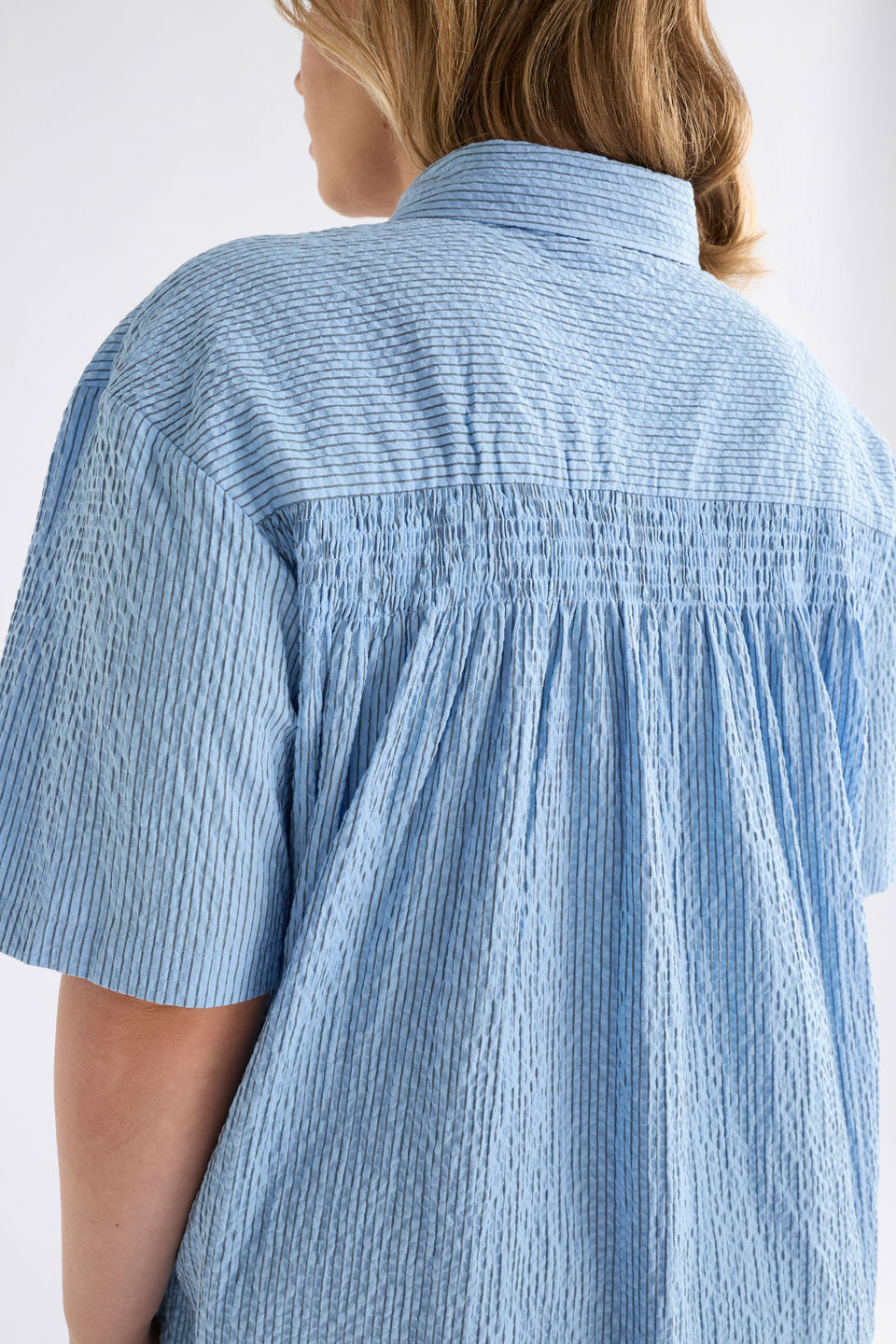 Erden Shirt Dress on Model Back Close up shirring | CHAMBRAY