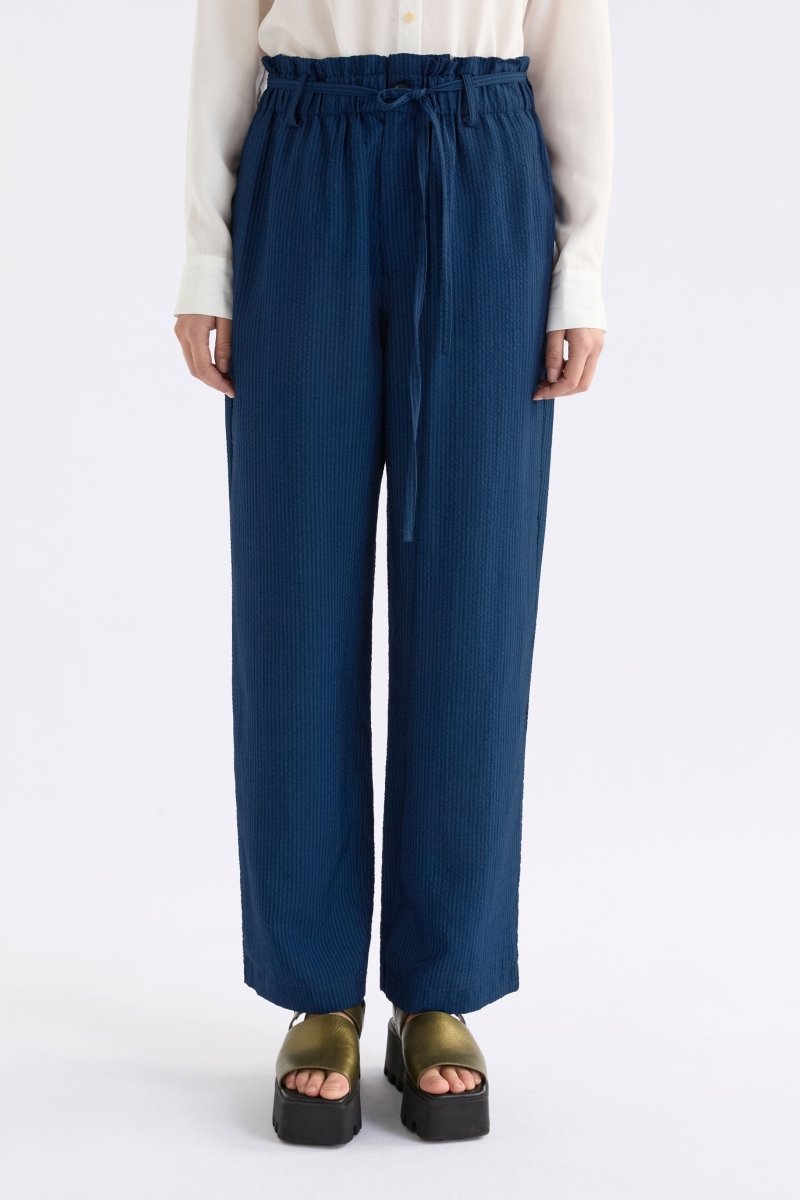 Stolt Seersucker Fine Stripe Paper bag waist straight Leg Pant ELK Model front crop | MID WASH