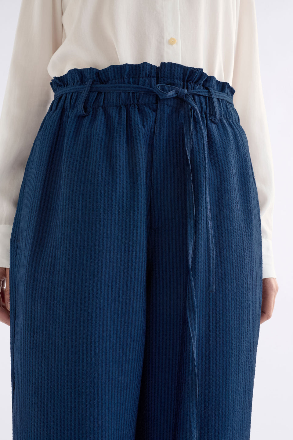 Stolt Seersucker Fine Stripe Paper bag waist straight Leg Pant ELK Model front detail | MID WASH