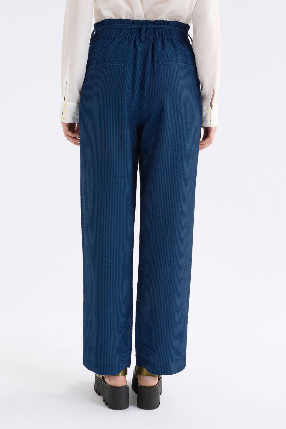 Stolt Seersucker Fine Stripe Paper bag waist straight Leg Pant ELK Model back | MID WASH