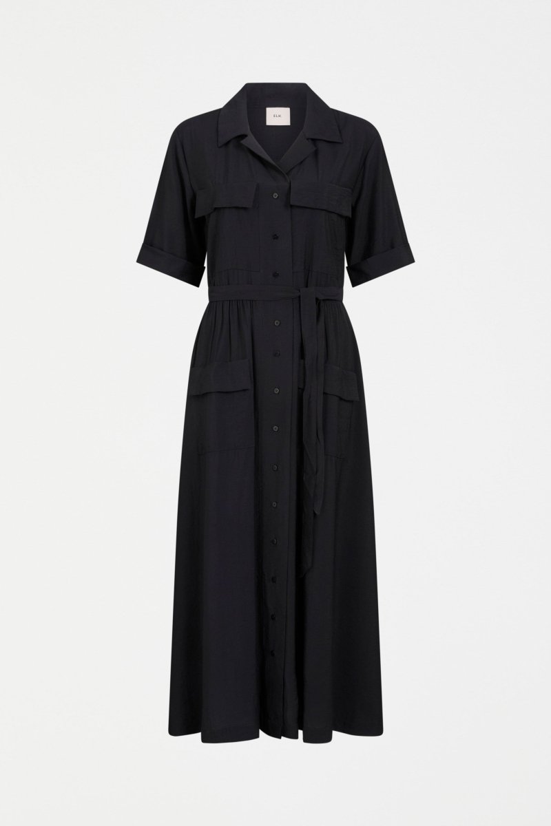Eine Textured Viscose Patch Pocket Short Sleeve Midi Shirt Dress Front | BLACK