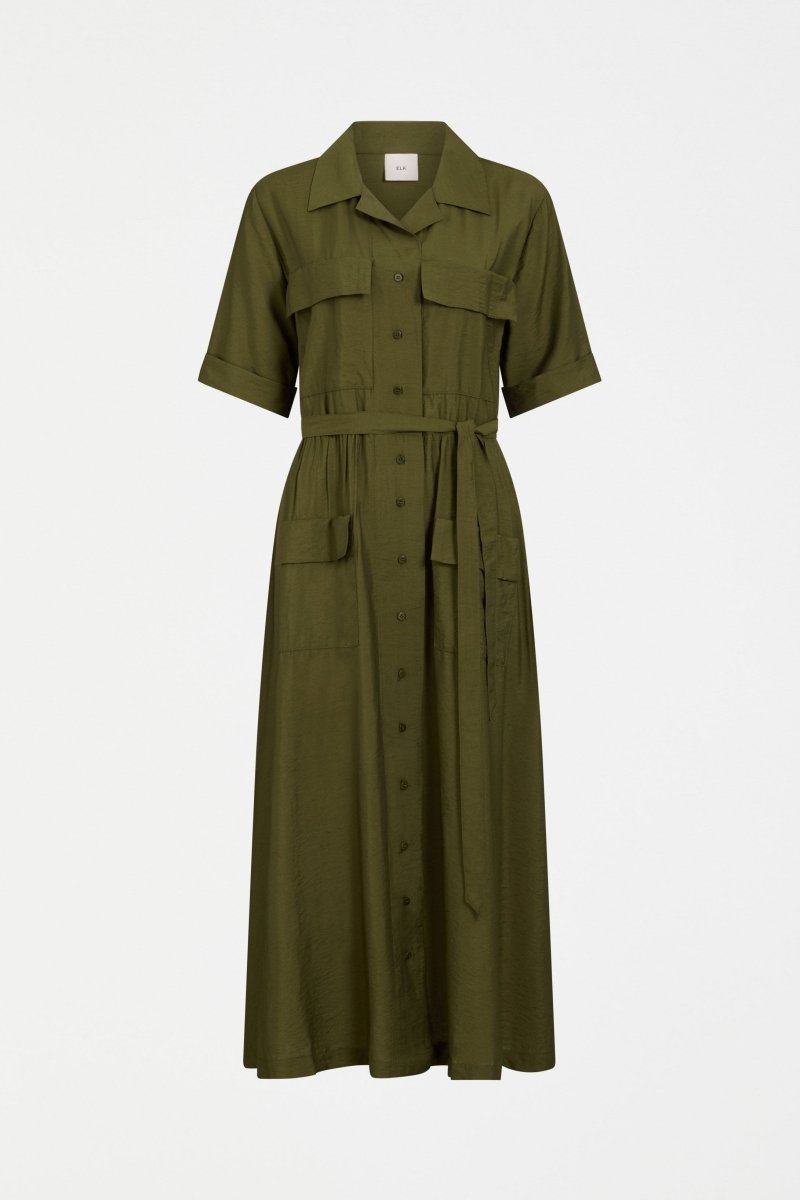 Eine Textured Viscose Patch Pocket Short Sleeve Midi Shirt Dress Front | BRIGHT OLIVE