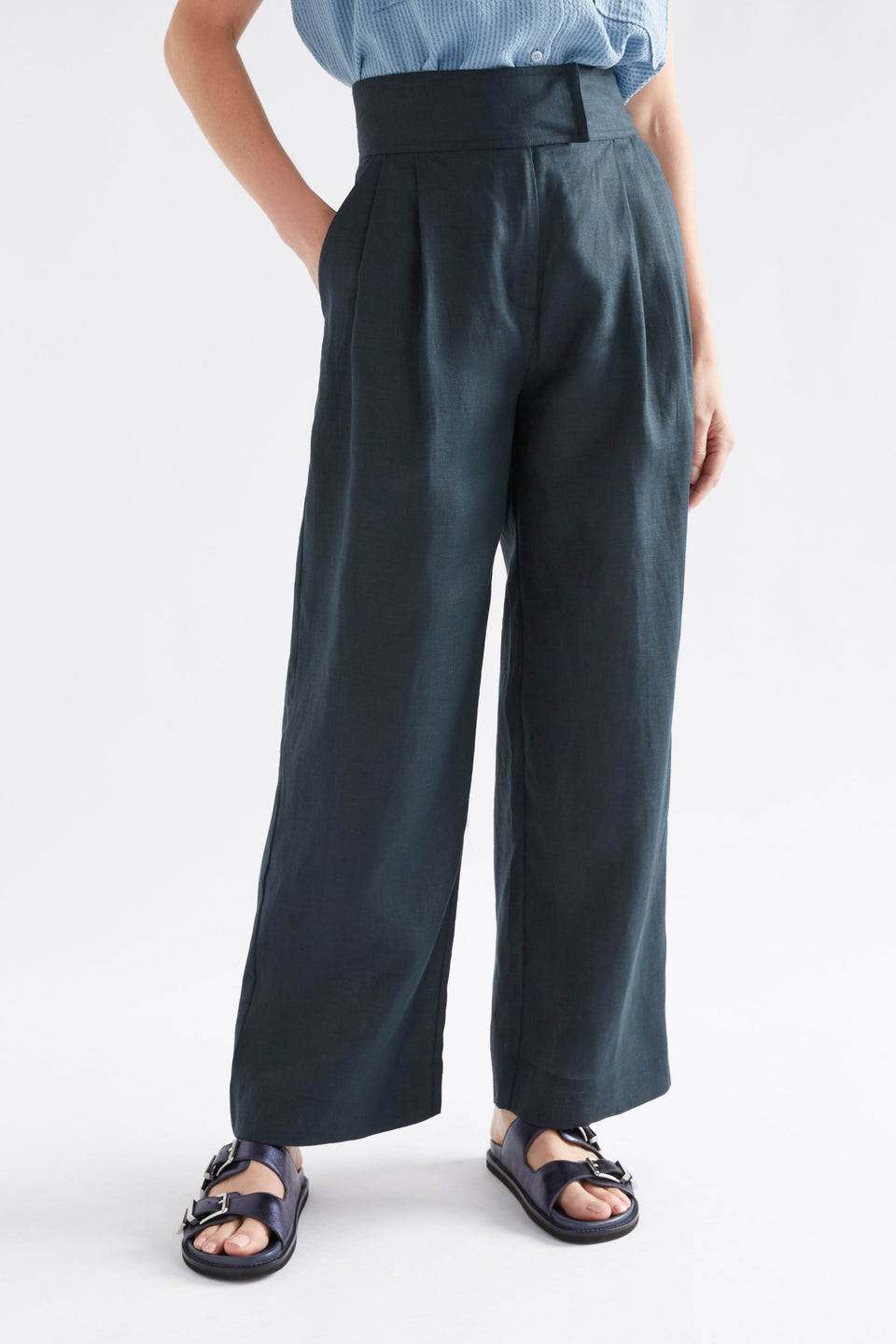 Lejer High waisted Straight Leg Linen Pant Model front crop | NAVY