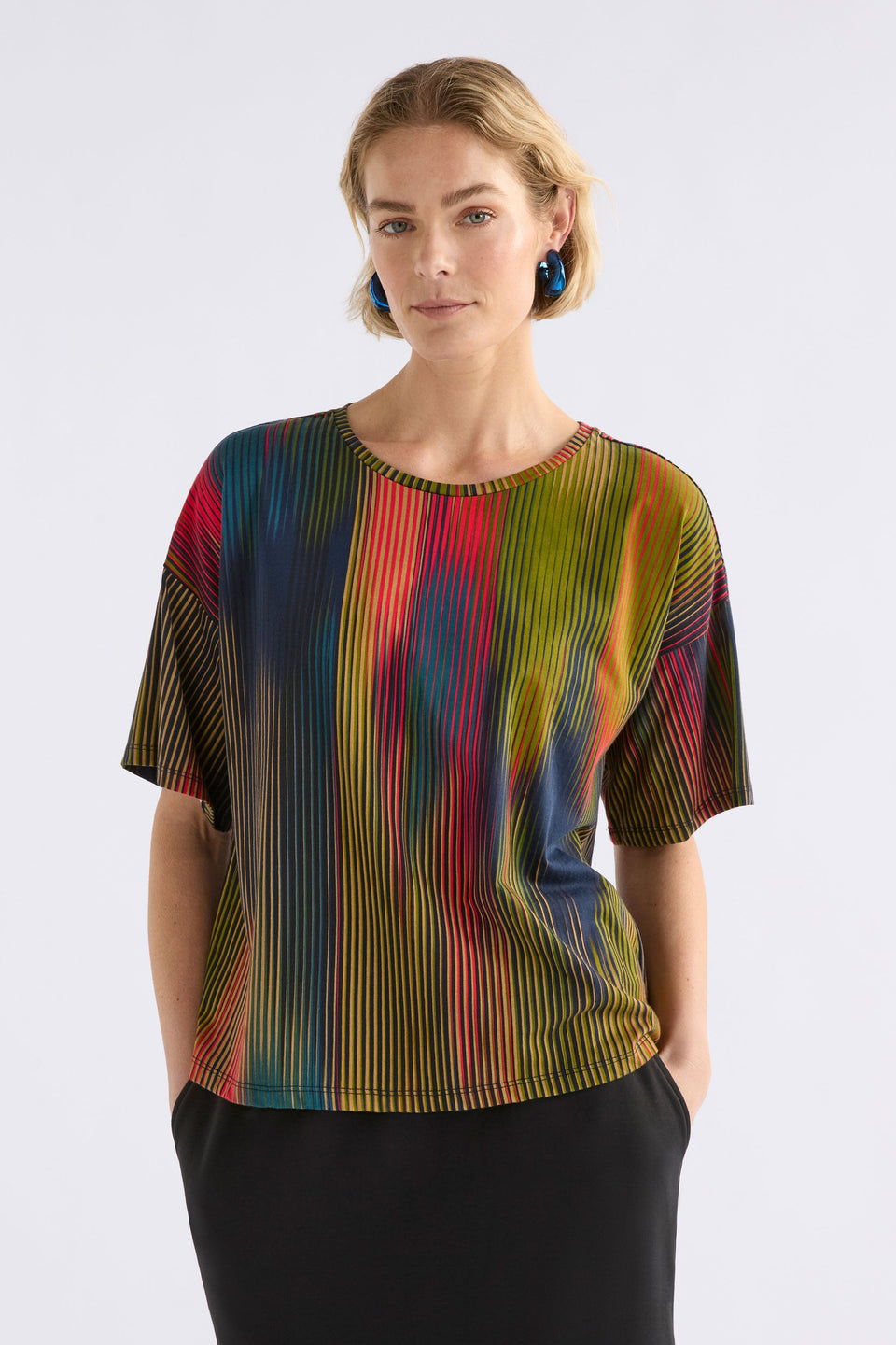 Kyla Multi Coloured Organic Cotton Boxy Relaxed Tshirt Model Front ELK | ARRAN STRIPE PRINT