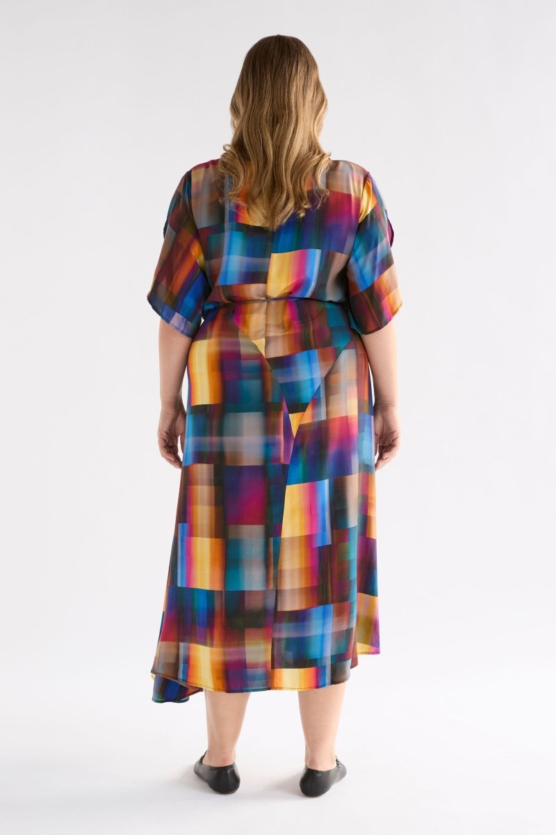 Byde Multi Coloured Tulip Sleeve Midi Dress Curve Model Back | EKKO PRINT