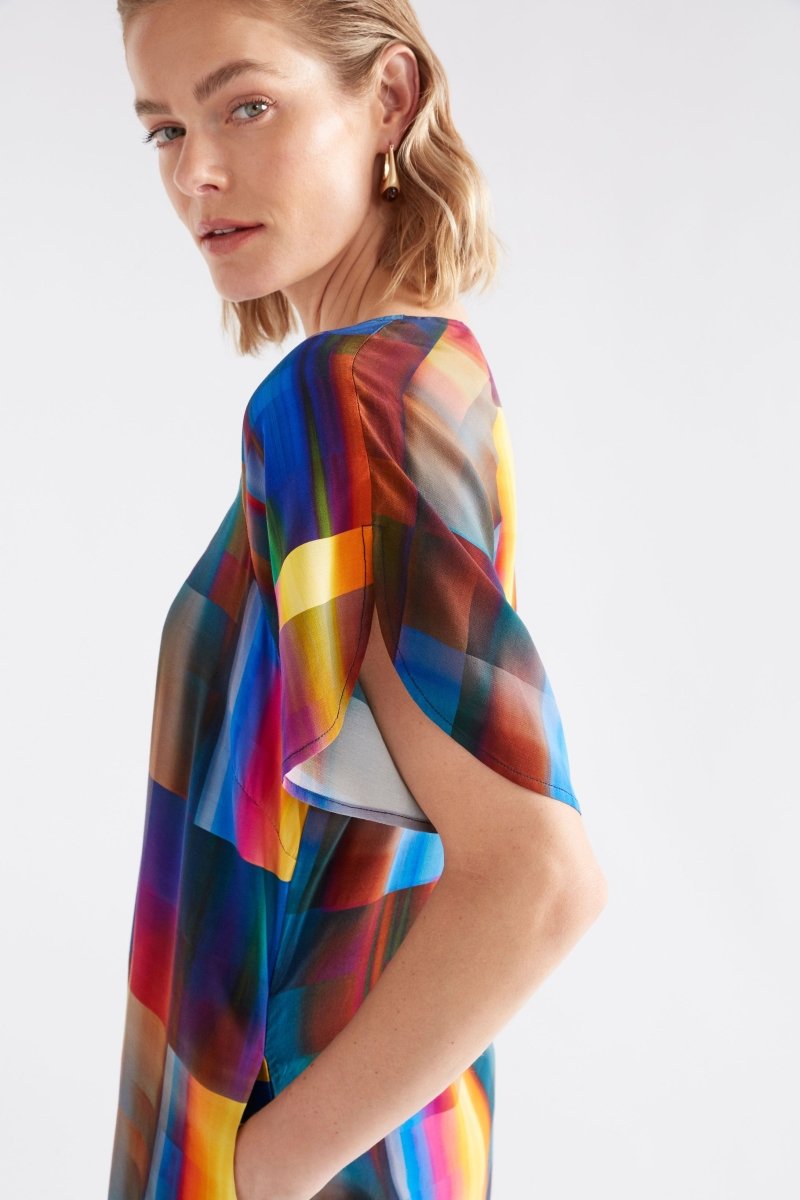 Byde Multi Coloured Tulip Sleeve V-Neck Short Dress Model Side Detail 2 | EKKO PRINT