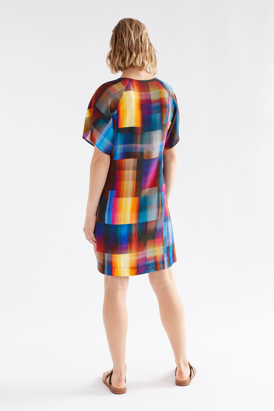 Byde Multi Coloured Tulip Sleeve V-Neck Short Dress Model Back | EKKO PRINT