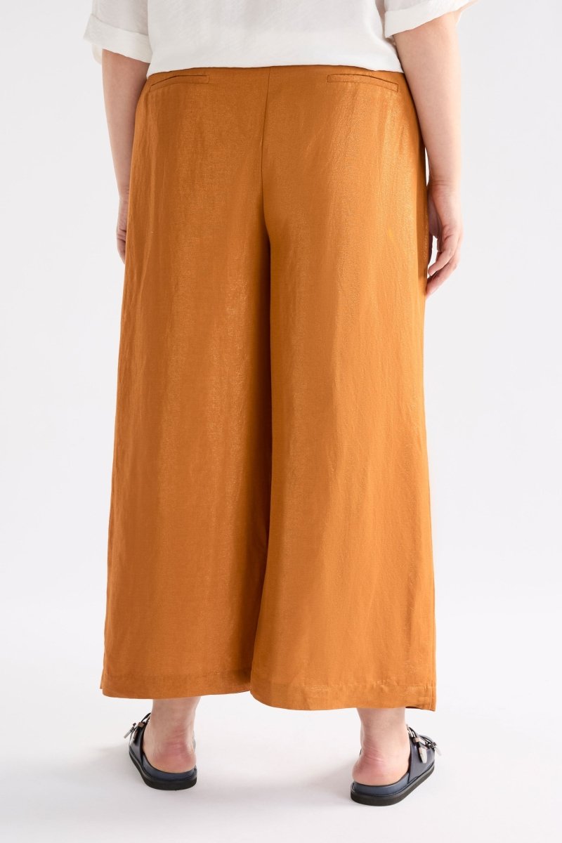 Jopa Copper Metallic High Waisted Wide Leg Linen Pant Curve Model Back | COPPER