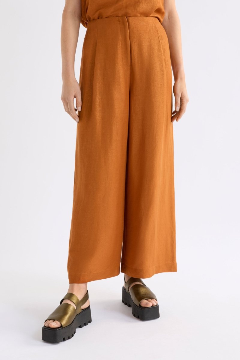 Jopa Copper Metallic High Waisted Wide Leg Linen Pant Model front crop | COPPER