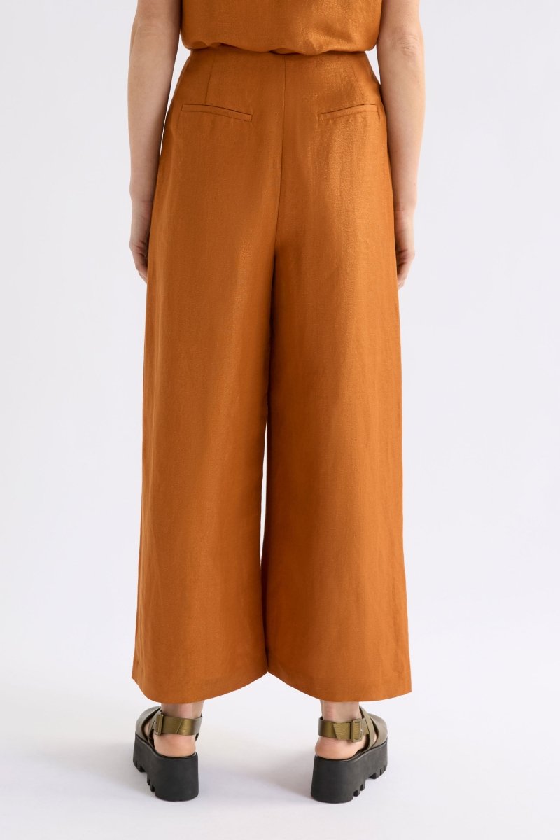 Jopa Copper Metallic High Waisted Wide Leg Linen Pant Model Back | COPPER