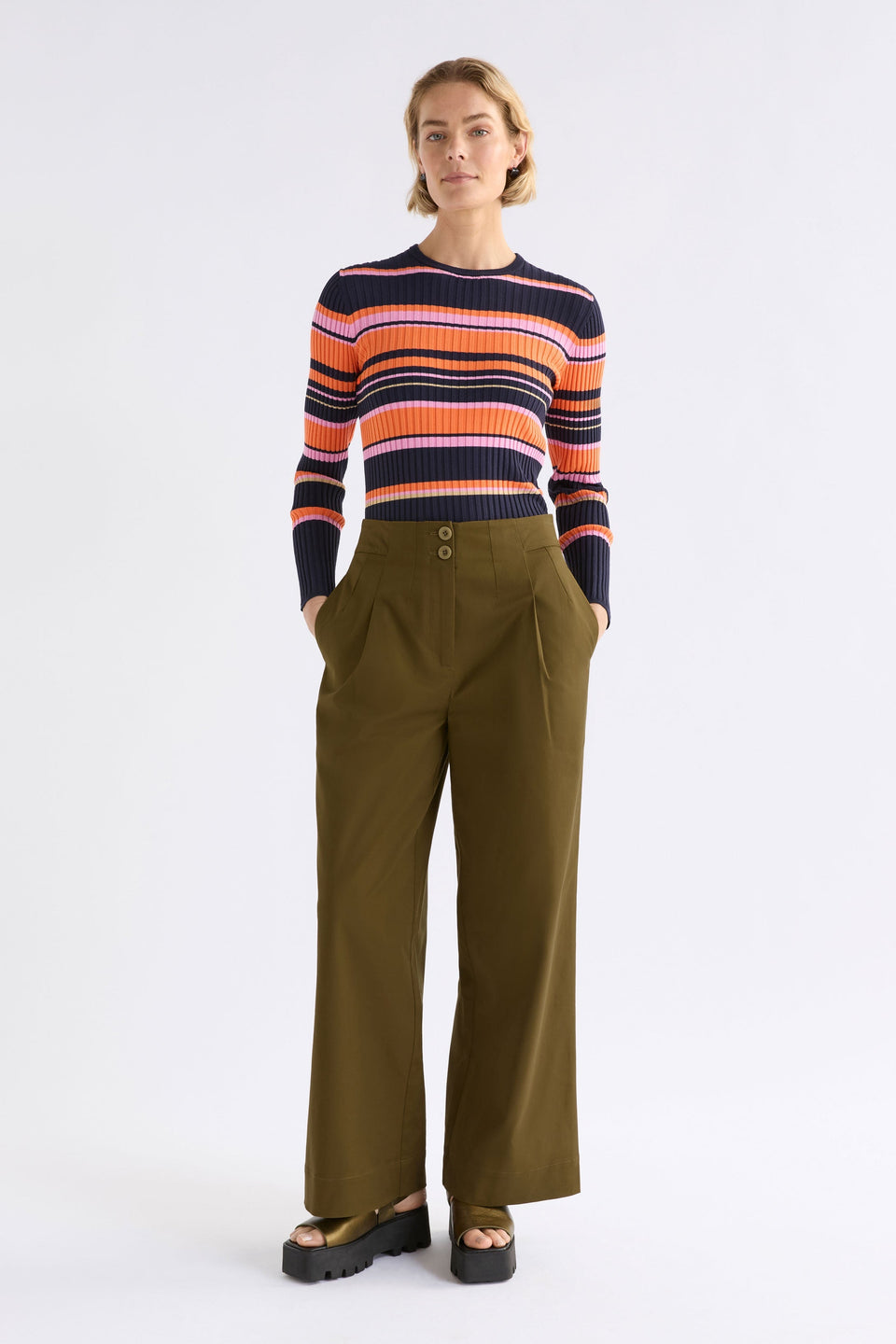 Ellem High Rise Cotton TENCEL stretch Tailored Women's Pant Model front | OLIVE