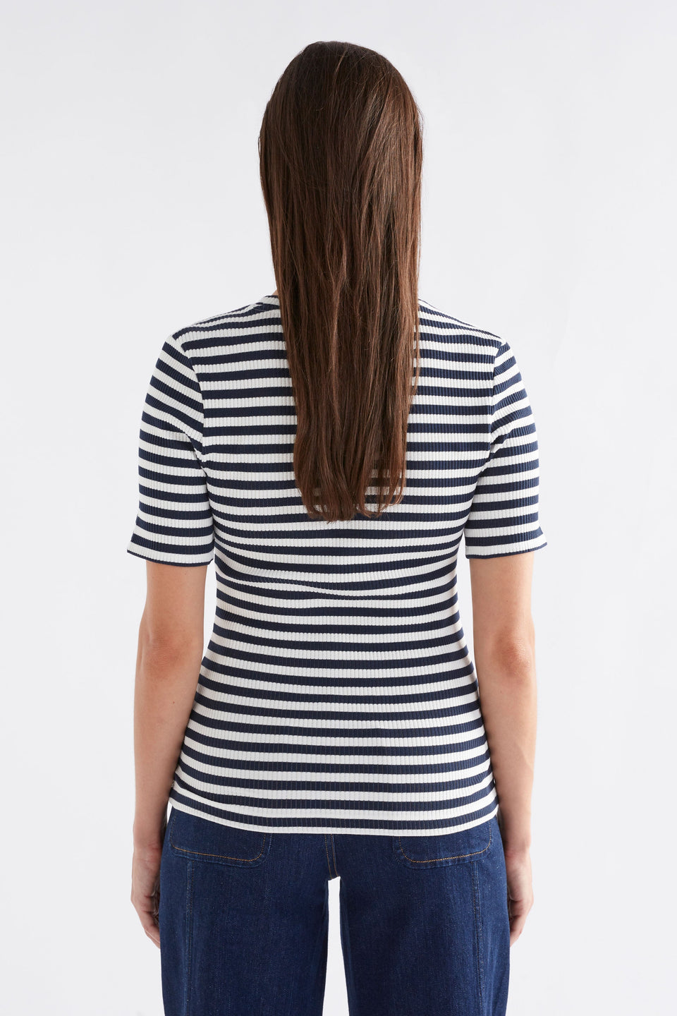Kullan Organic Cotton Fitted Ribbed T-Shirt Model Back | WHITE INK STRIPE