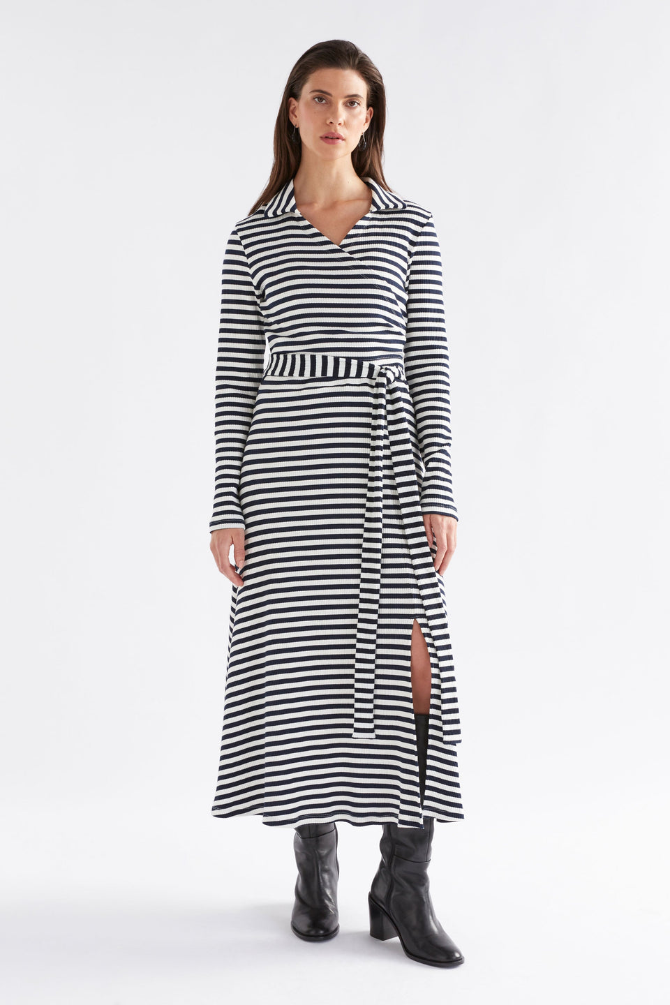 Kullan Organic Cotton Ribbed Wrap Collared Long Sleeve Dress Model Front | WHITE INK STRIPE