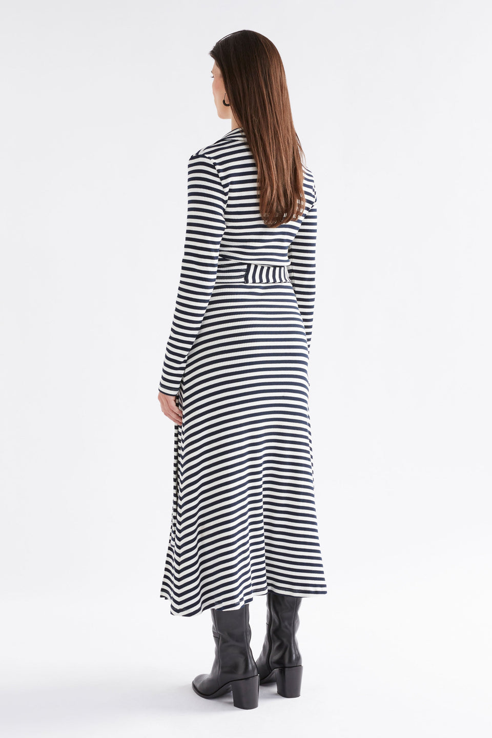 Kullan Organic Cotton Ribbed Wrap Collared Long Sleeve Dress Model back | WHITE INK STRIPE