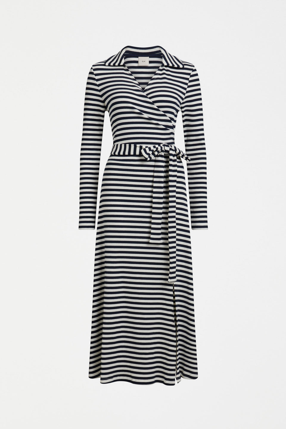 Kullan Organic Cotton Ribbed Wrap Collared Long Sleeve Dress Front | WHITE INK STRIPE