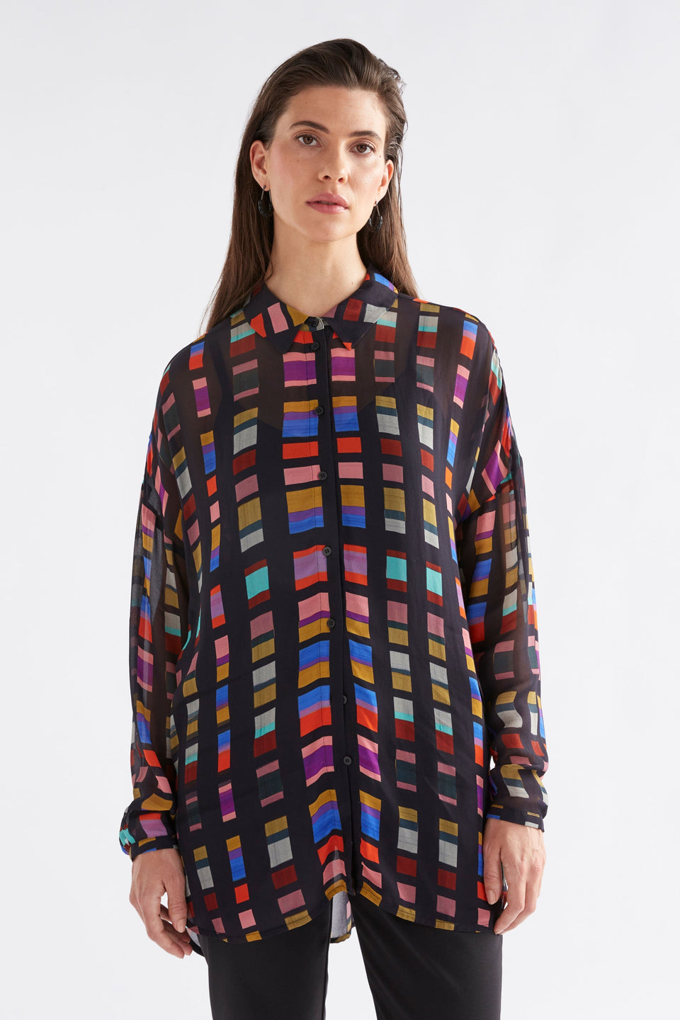 Eir Relaxed Print Sheer Long Sleeve Shirt Model Front | TESSELA PRINT